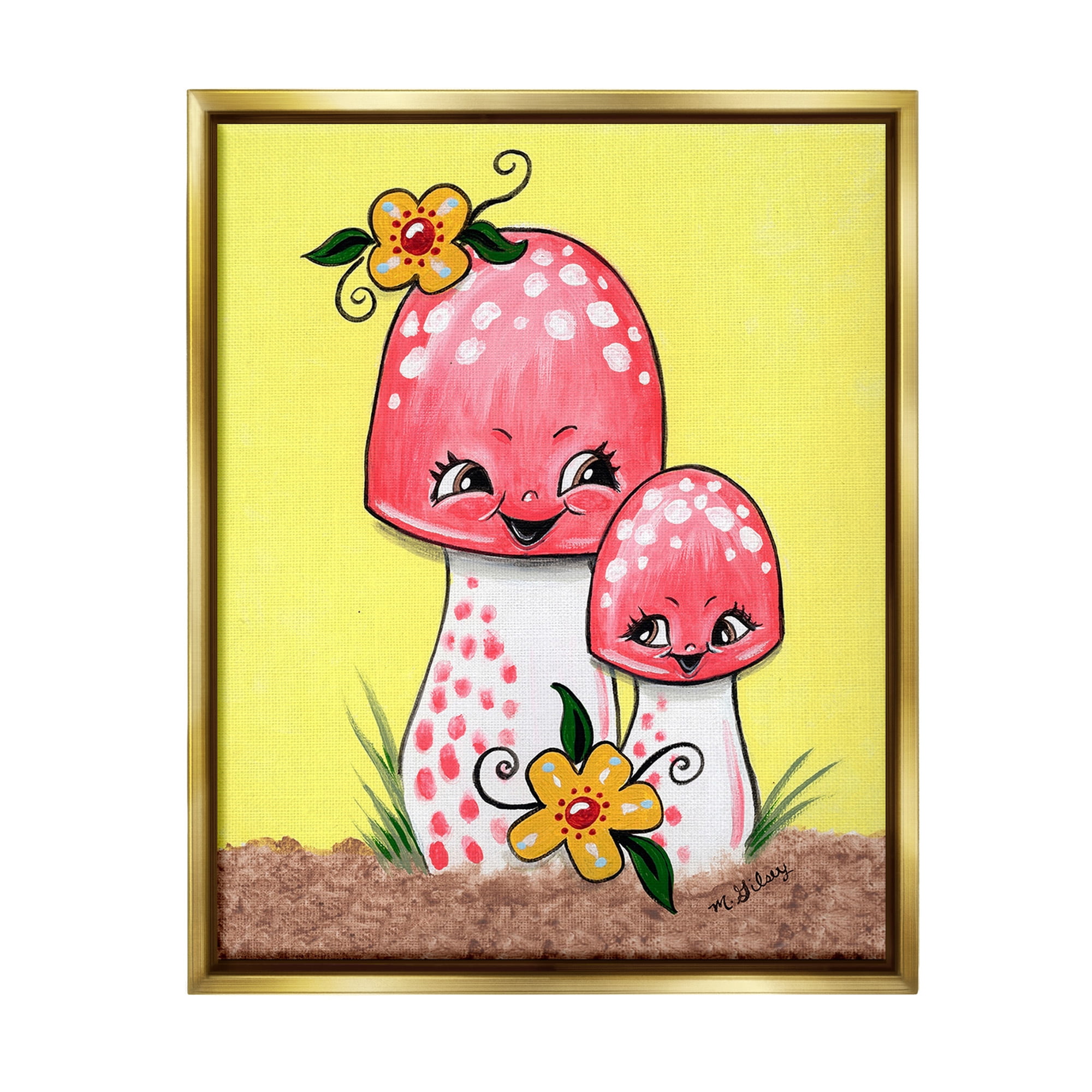 Stupell Industries Happy Mushrooms & Flowers Botanical & Floral Painting Gold Floater Framed Canvas Art Print Wall Art, 25 x 31