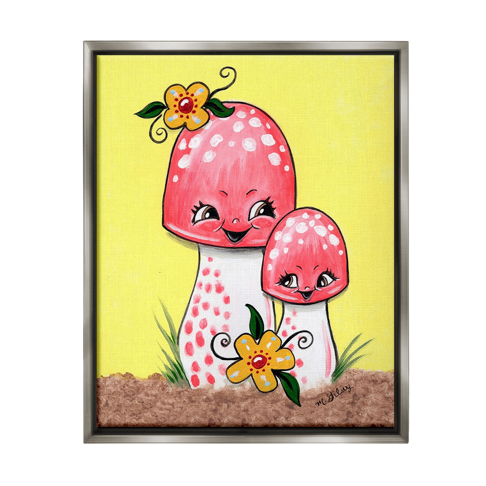 Stupell Industries Happy Mushrooms & Flowers Botanical & Floral Painting Gray Floater Framed Canvas Art Print Wall Art, 25 x 31