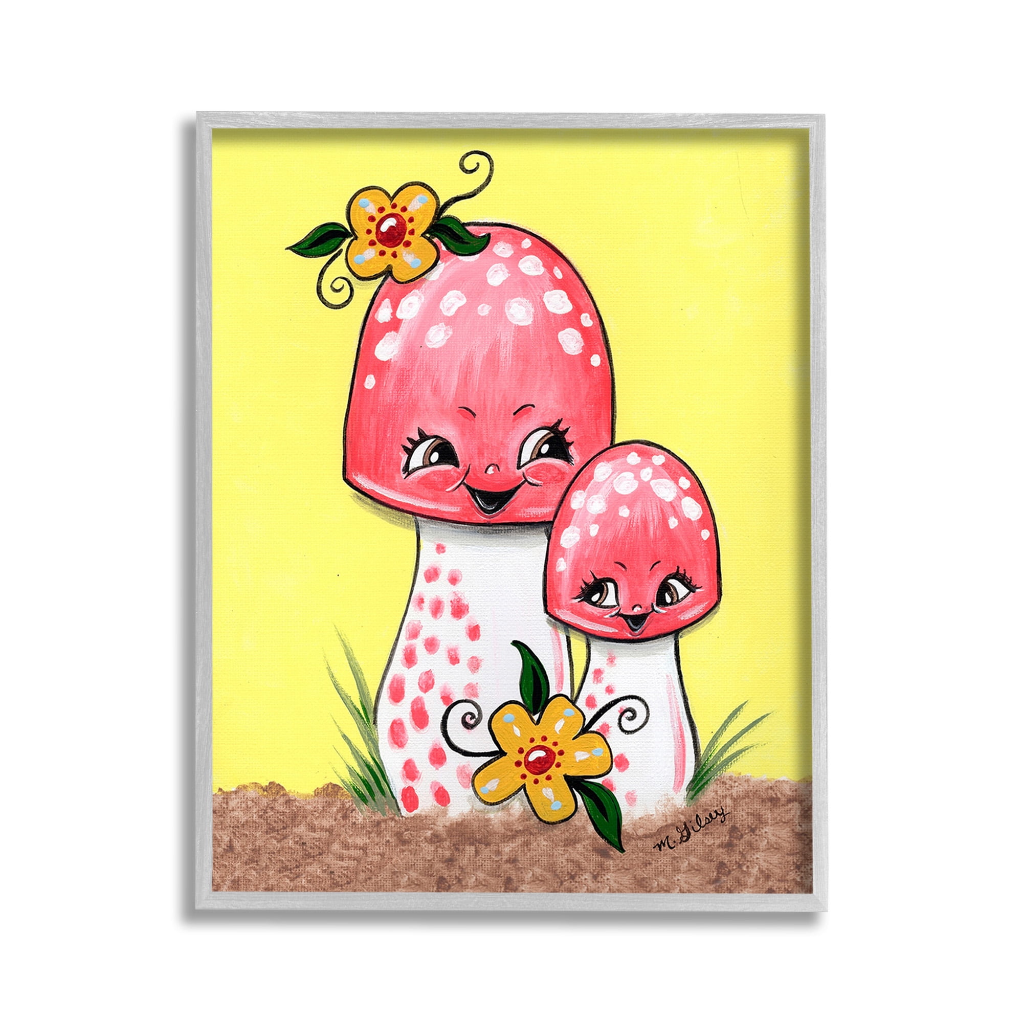 Stupell Industries Happy Mushrooms & Flowers Botanical & Floral Painting Gray Framed Art Print Wall Art, 11 x 14