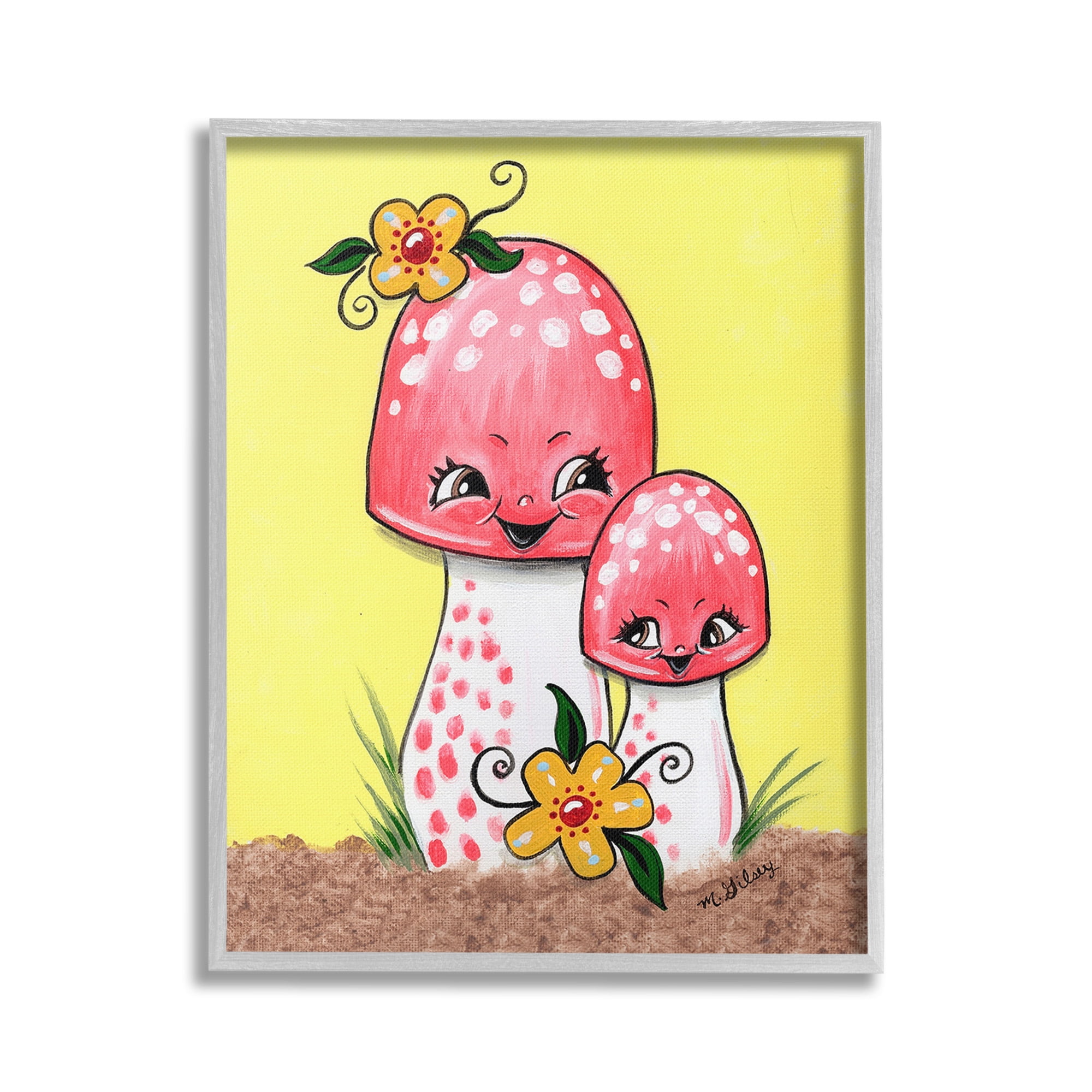 Stupell Industries Happy Mushrooms & Flowers Botanical & Floral Painting Gray Framed Art Print Wall Art, 16 x 20