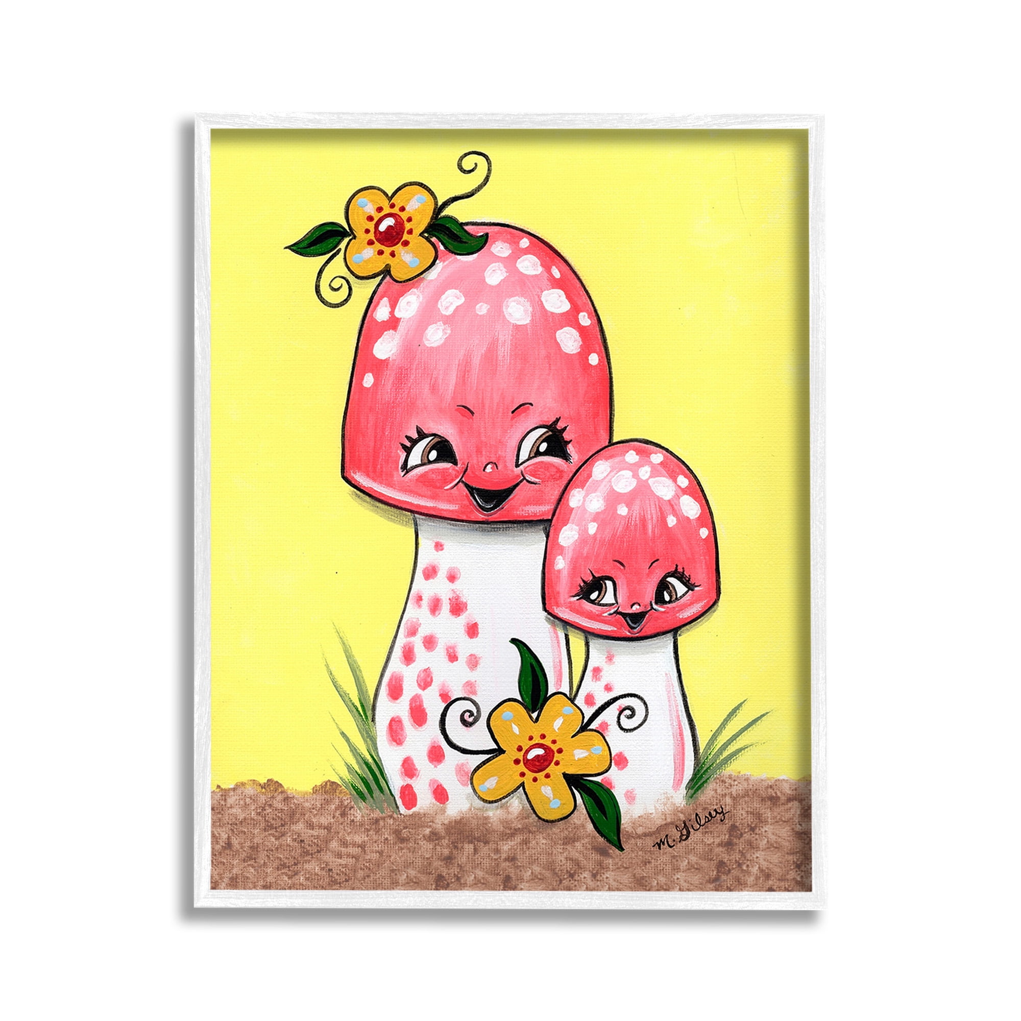 Happy Mushrooms & Flowers Yellow Botanical Art Print in White Frame