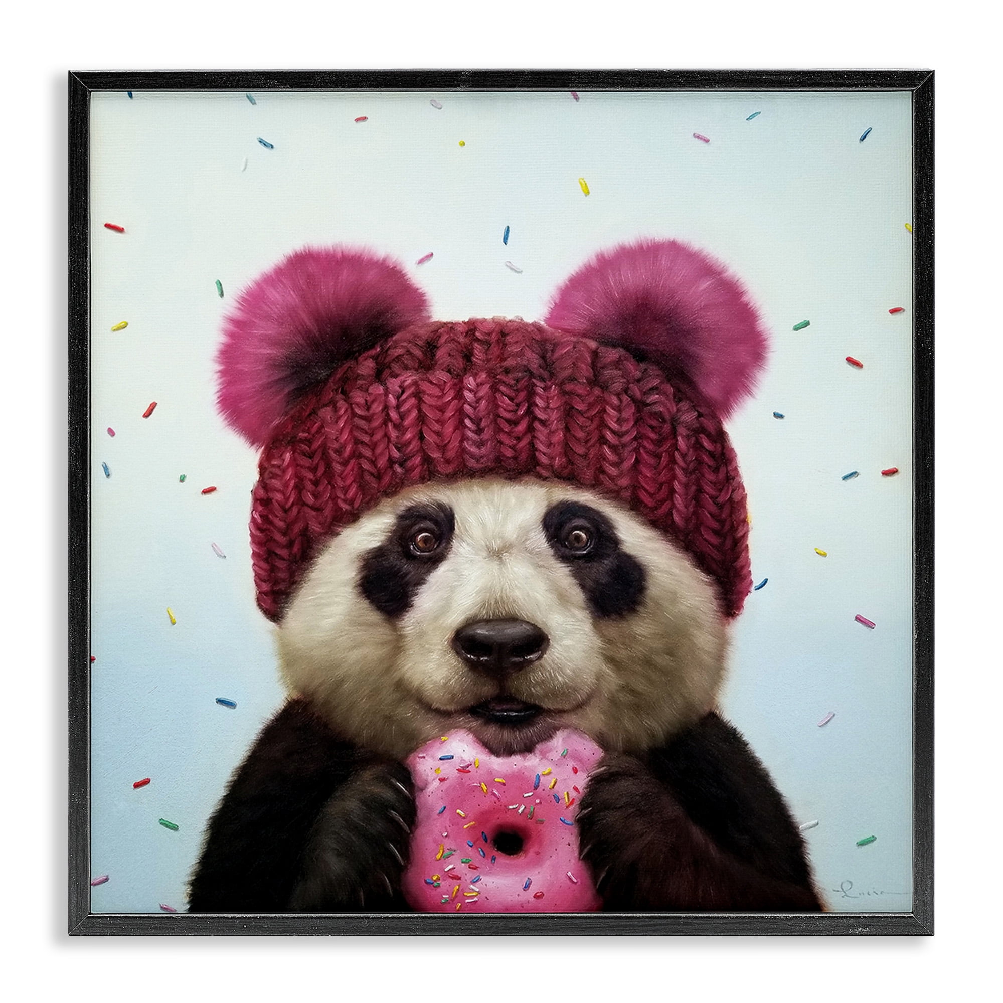 Stupell Industries Happy Panda Bear with Donut Animals & Insects Painting Black Framed Art Print Wall Art, 17 x 17