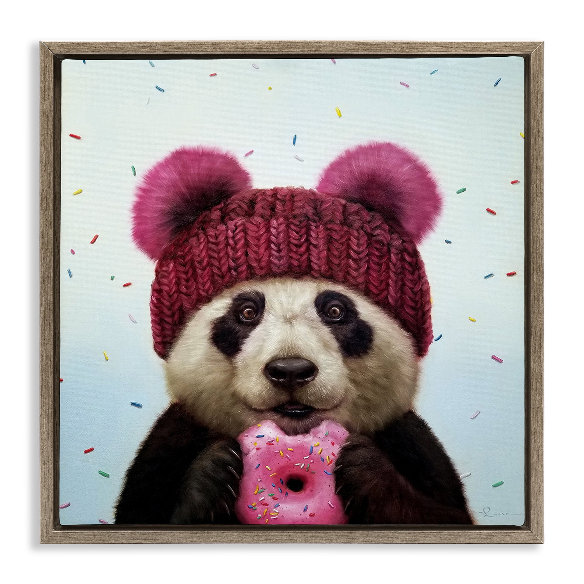 Stupell Industries Happy Panda Bear with Donut Animals & Insects Painting Brown Floater Framed Canvas Art Print Wall Art, 25 x 25