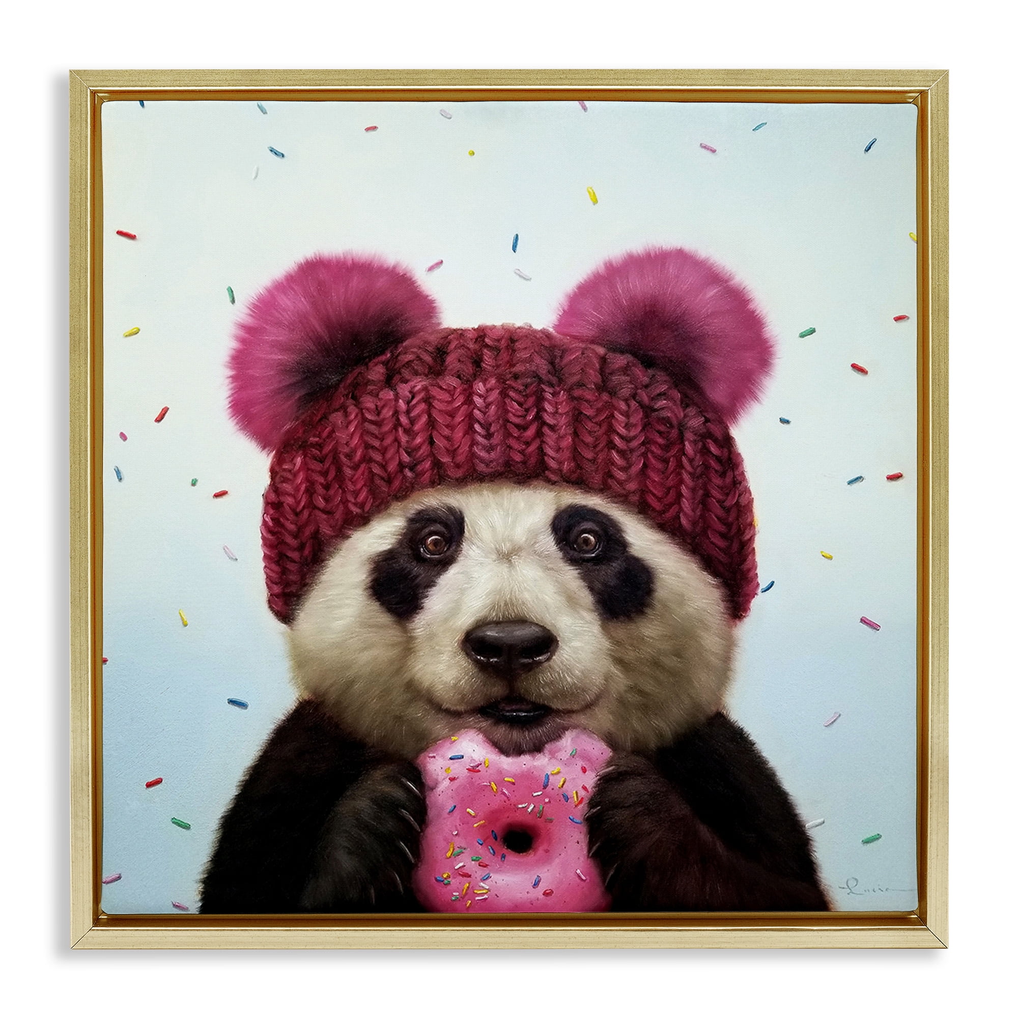 Stupell Industries Happy Panda Bear with Donut Animals & Insects Painting Gold Floater Framed Canvas Art Print Wall Art, 25 x 25