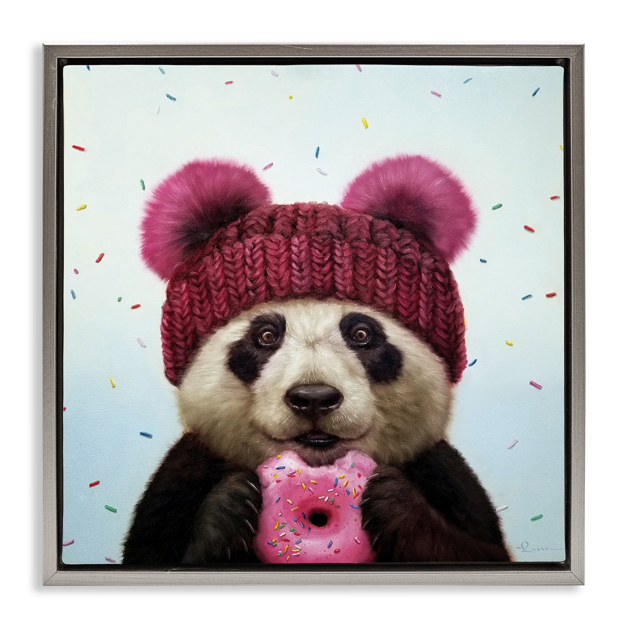 Stupell Industries Happy Panda Bear with Donut Animals & Insects Painting Gray Floater Framed Canvas Art Print Wall Art, 25 x 25