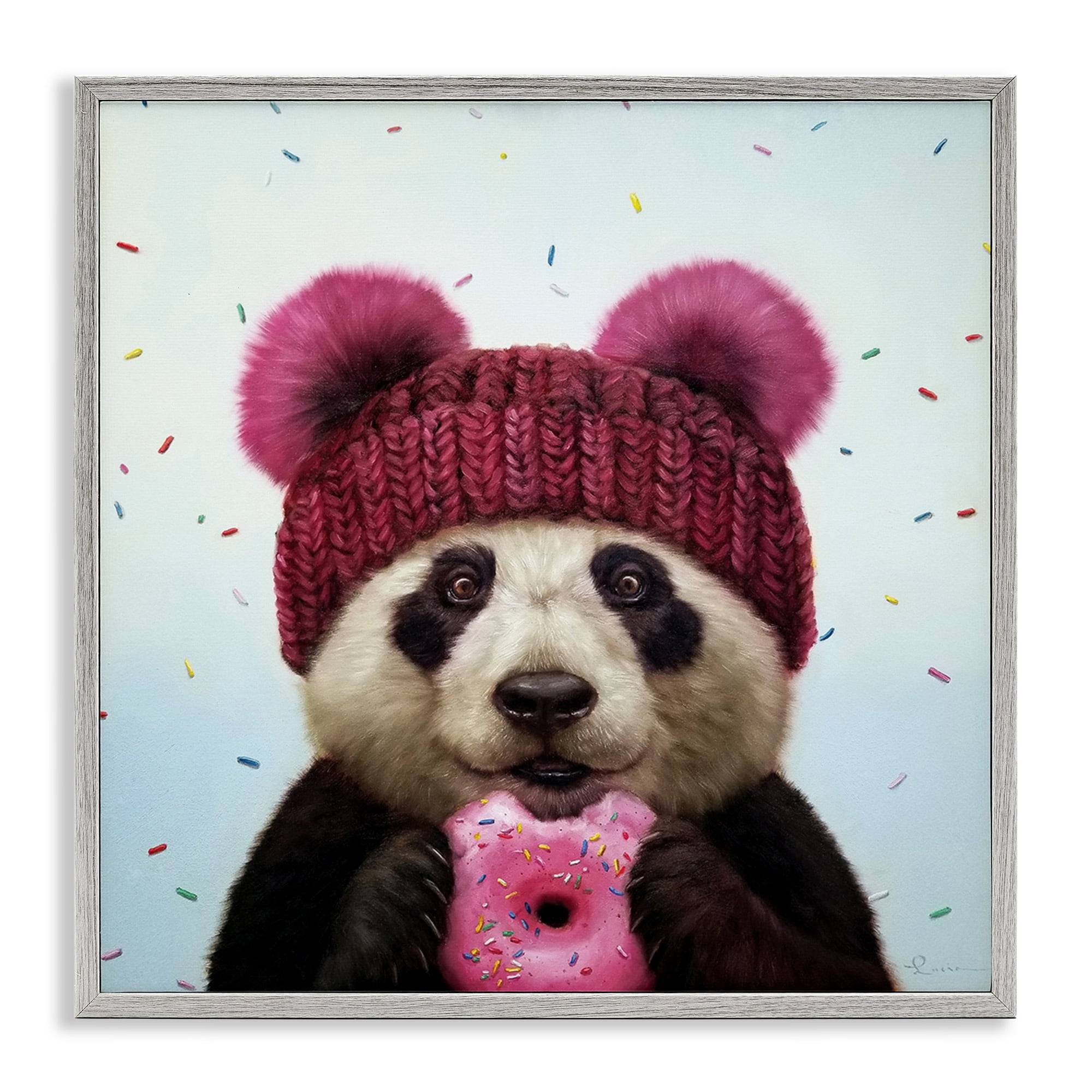 Stupell Industries Happy Panda Bear with Donut Animals & Insects Painting Gray Framed Art Print Wall Art, 17 x 17