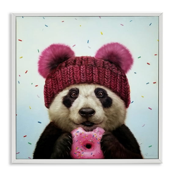 Stupell Industries Happy Panda Bear with Donut Animals & Insects Painting White Framed Art Print Wall Art, 12 x 12