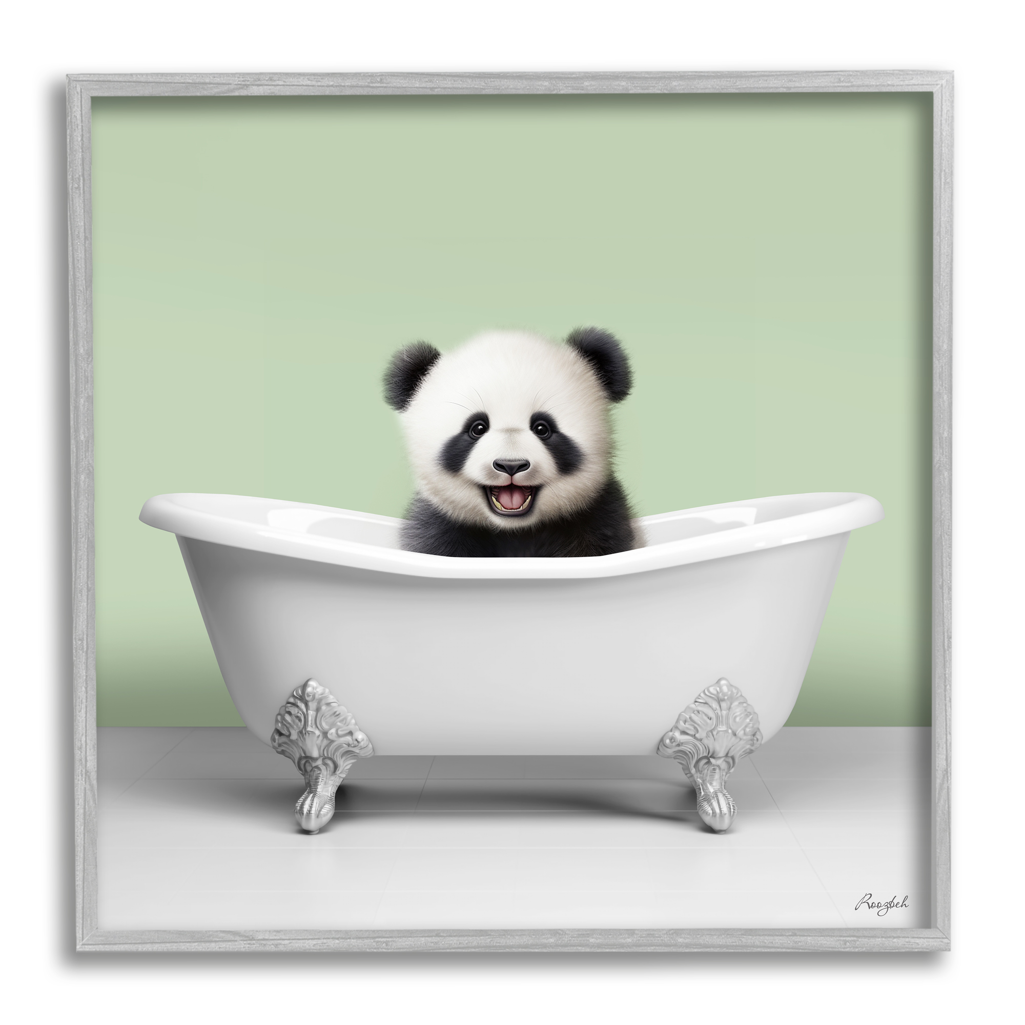 Stupell Industries Happy Panda in Bathtub Animals & Insects Painting Gray Framed Art Print Wall Art, 17 x 17