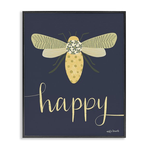 Stupell Industries Farmhouse Happy Patterned Insect Bug Calligraphy Black Framed Giclee Art, 11 x 14, by Katie Doucette