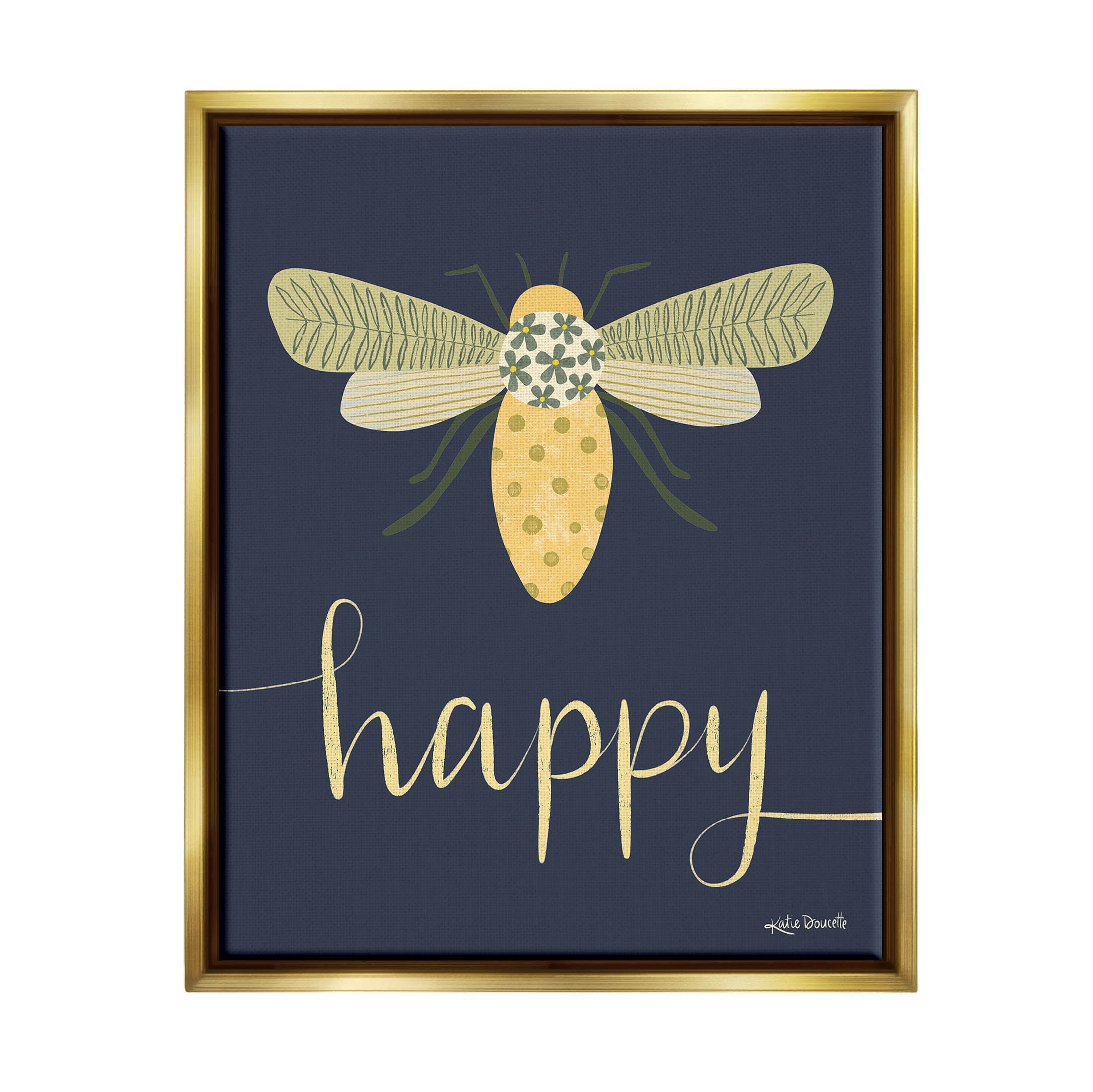 Stupell Industries Happy Patterned Insect Bug Calligraphy Graphic Art Metallic Gold Floating Framed Canvas Print Wall Art, Design by Katie Doucette