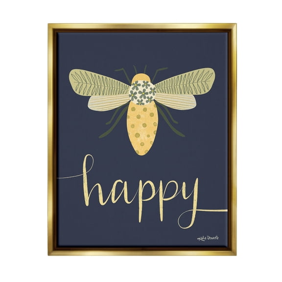 Stupell Industries Happy Patterned Insect Bug Calligraphy Graphic Art Metallic Gold Floating Framed Canvas Print Wall Art, Design by Katie Doucette