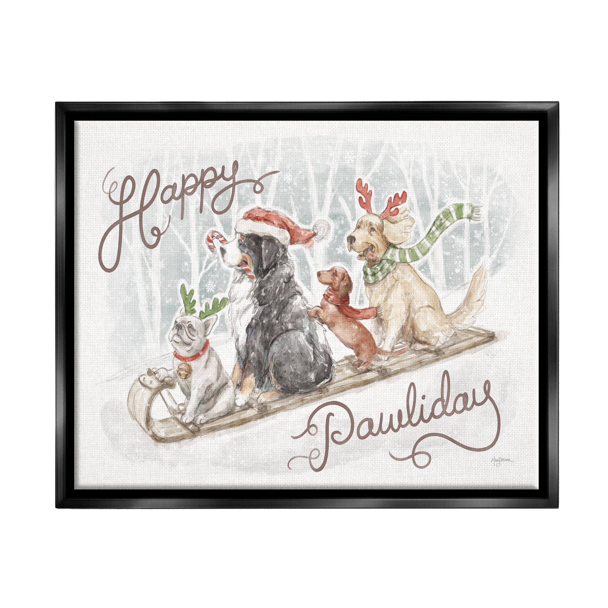 Stupell Industries Happy Pawliday Dogs Holiday Painting Black Floater Framed Canvas Art Print Wall Art, 31 x 25