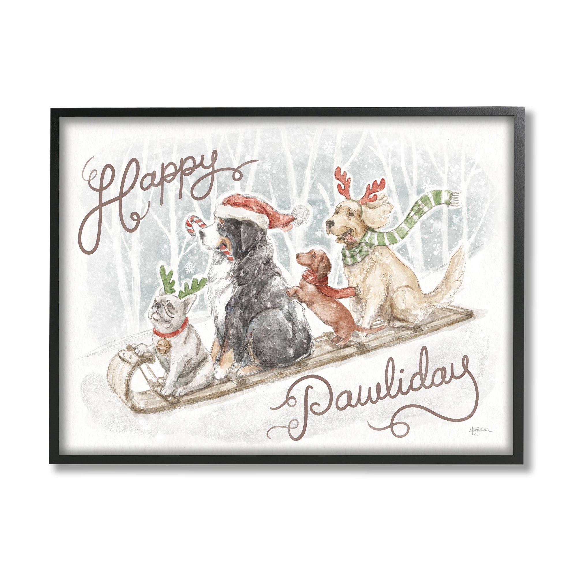Stupell Industries Happy Pawliday Dogs Holiday Painting Black Framed Art Print Wall Art, 20 x 16