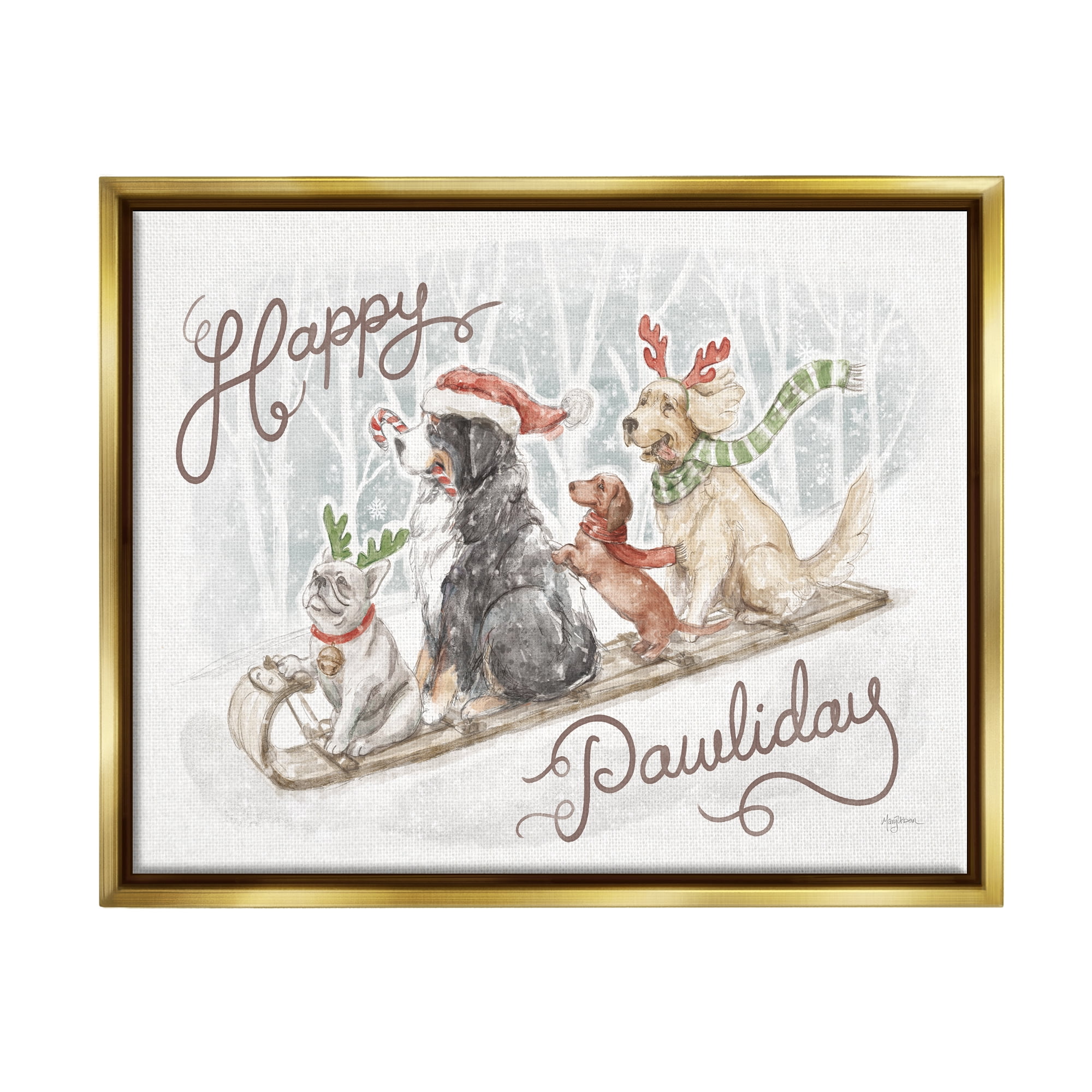 Stupell Industries Happy Pawliday Dogs Holiday Painting Gold Floater Framed Canvas Art Print Wall Art, 31 x 25
