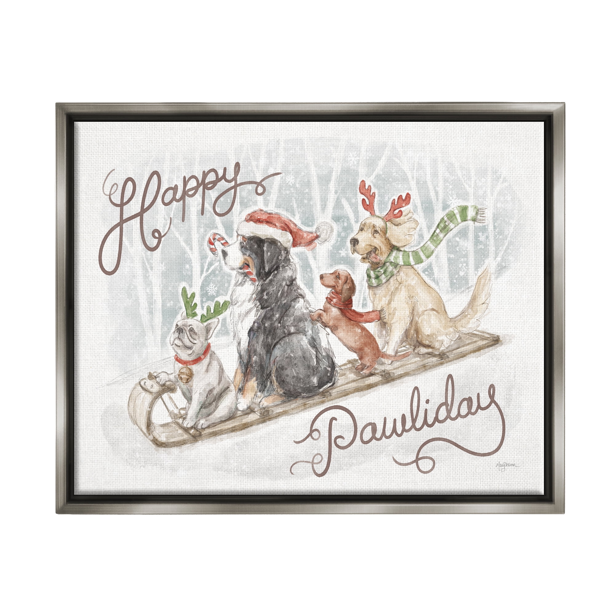 Stupell Industries Happy Pawliday Dogs Holiday Painting Gray Floater Framed Canvas Art Print Wall Art, 21 x 17
