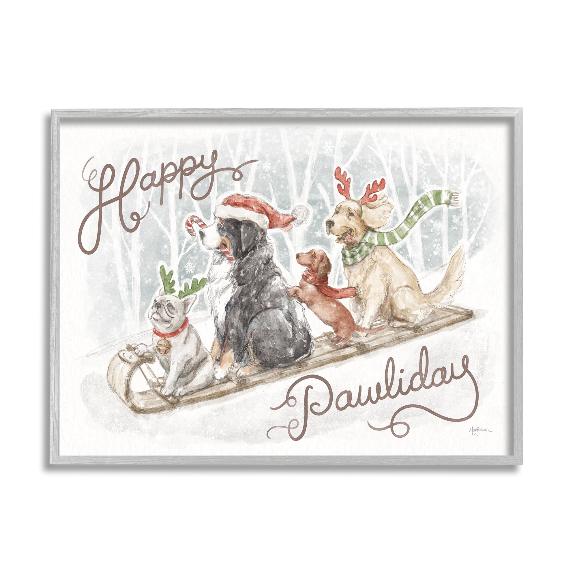 Stupell Industries Happy Pawliday Dogs Holiday Painting Gray Framed Art Print Wall Art, 30 x 24