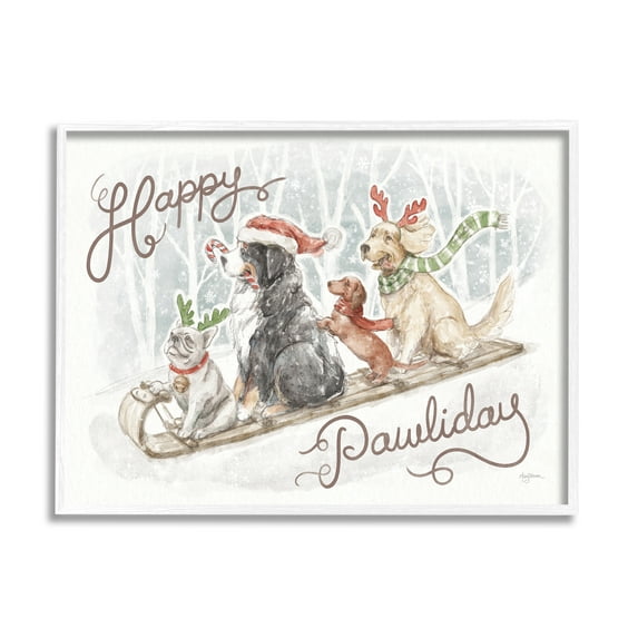 Stupell Industries Happy Pawliday Dogs Holiday Painting White Framed Art Print Wall Art, 14 x 11