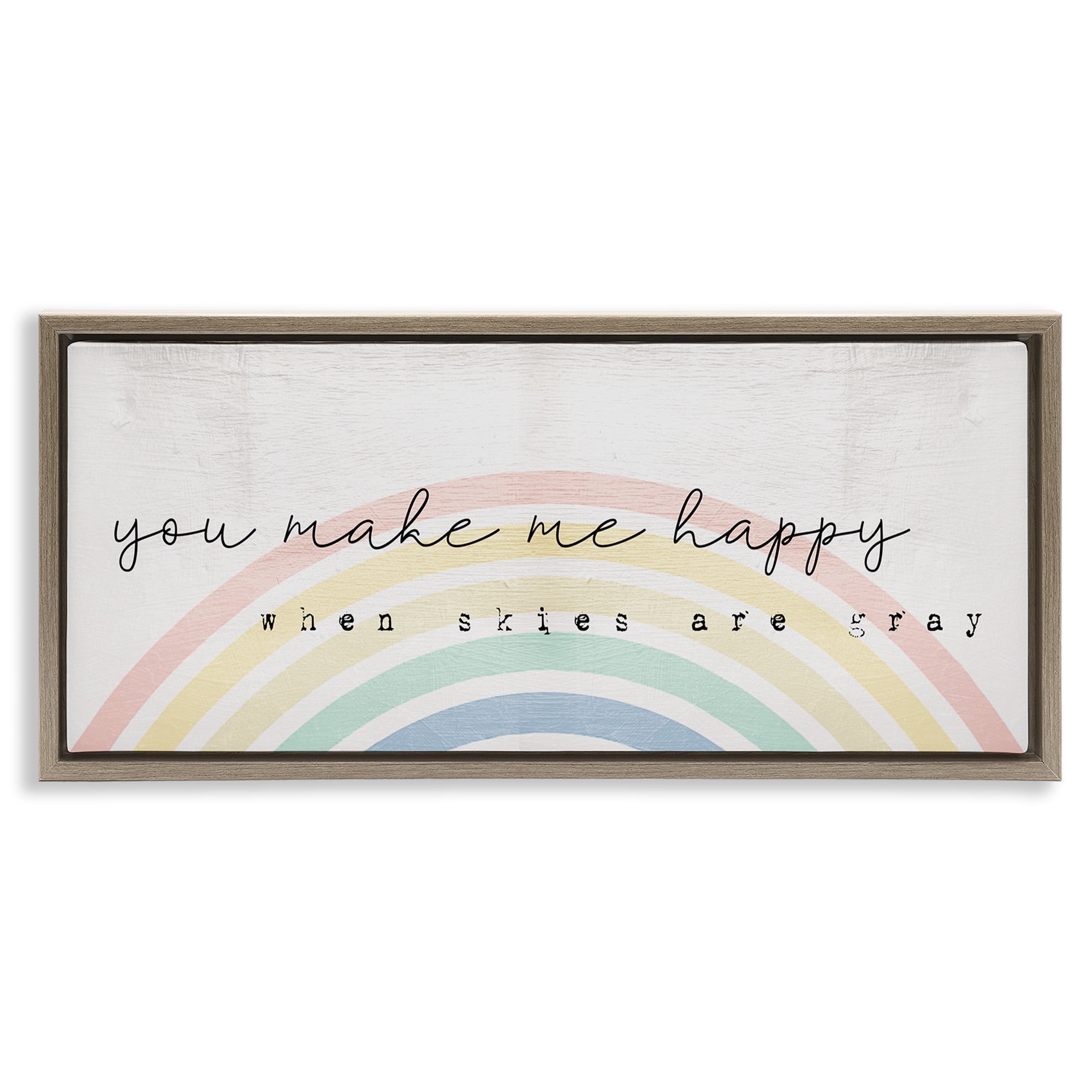 Stupell Industries Happy Phrase Rustic Rainbow Typography Painting Brown Floater Framed Canvas Art Print Wall Art, 31 x 14
