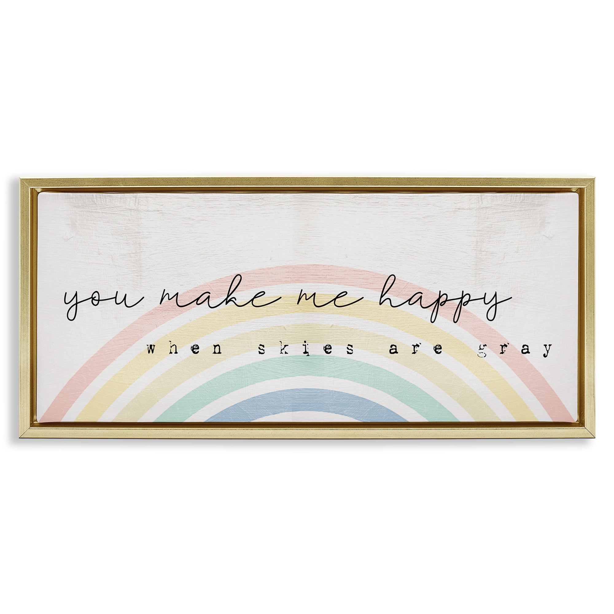 Stupell Industries Happy Phrase Rustic Rainbow Typography Painting Gold Floater Framed Canvas Art Print Wall Art, 25 x 11