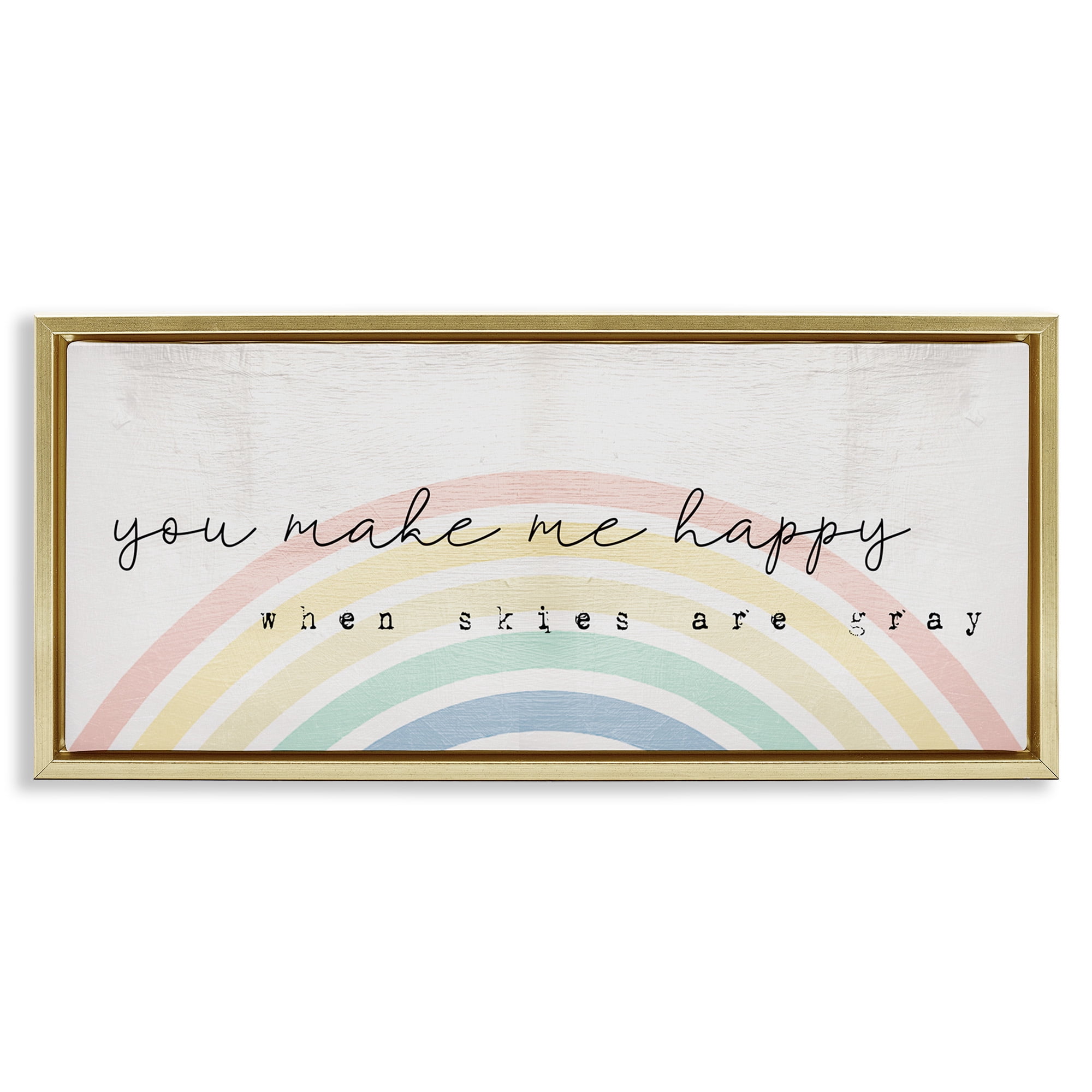 Stupell Industries Happy Phrase Rustic Rainbow Typography Painting Gold Floater Framed Canvas Art Print Wall Art, 31 x 14