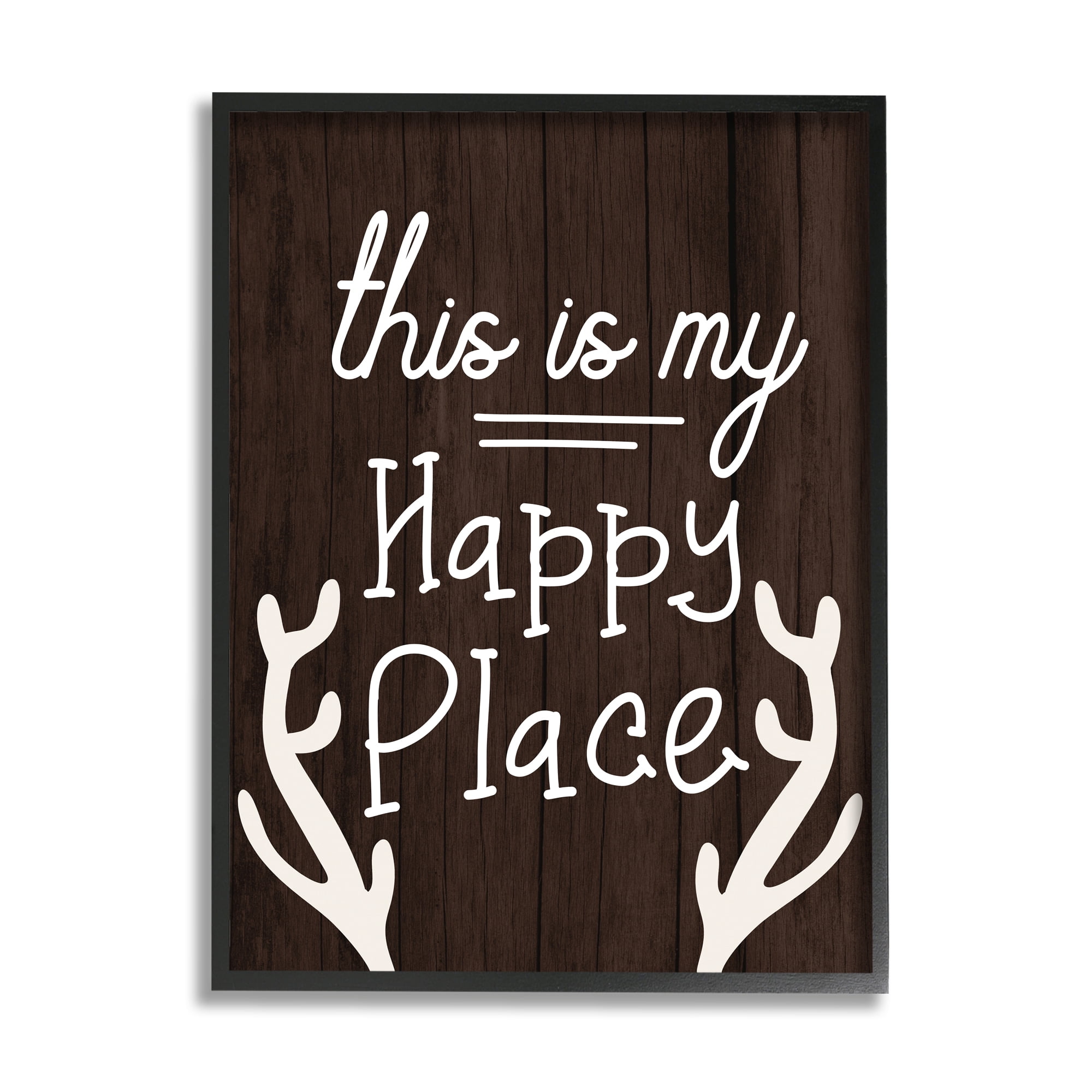 Stupell Industries Happy Place Calligraphy Camping Theme Antlers Graphic Art Black Framed Art Print Wall Art, 24x30, by Lil' Rue