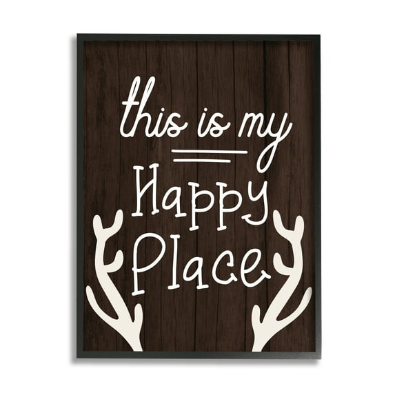 Stupell Industries Happy Place Calligraphy Camping Theme Antlers Graphic Art Black Framed Art Print Wall Art, 24x30, by Lil' Rue