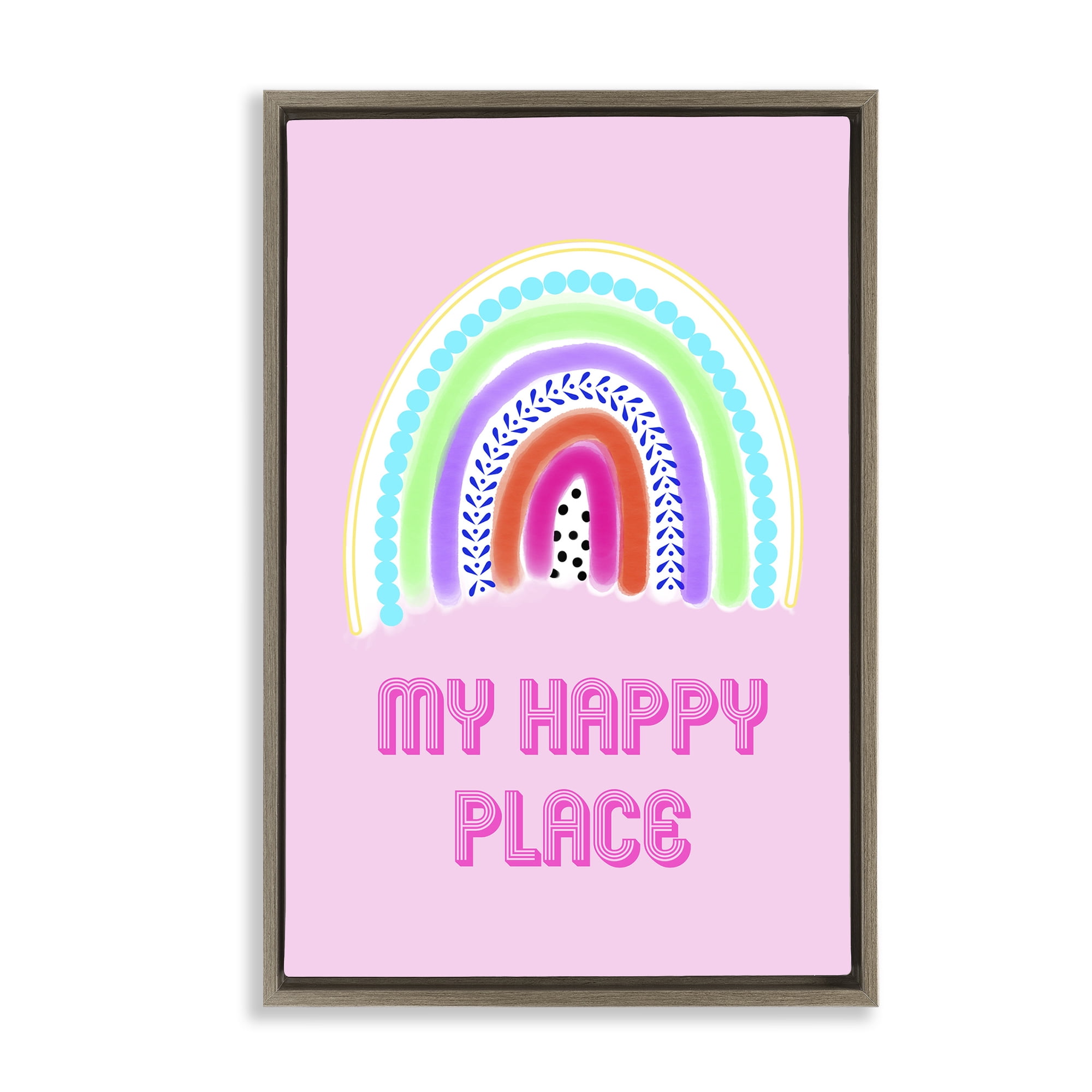 Stupell Industries Happy Place Dotted Rainbow Brown Framed Floater Canvas Wall Art, design by Pooja Dave