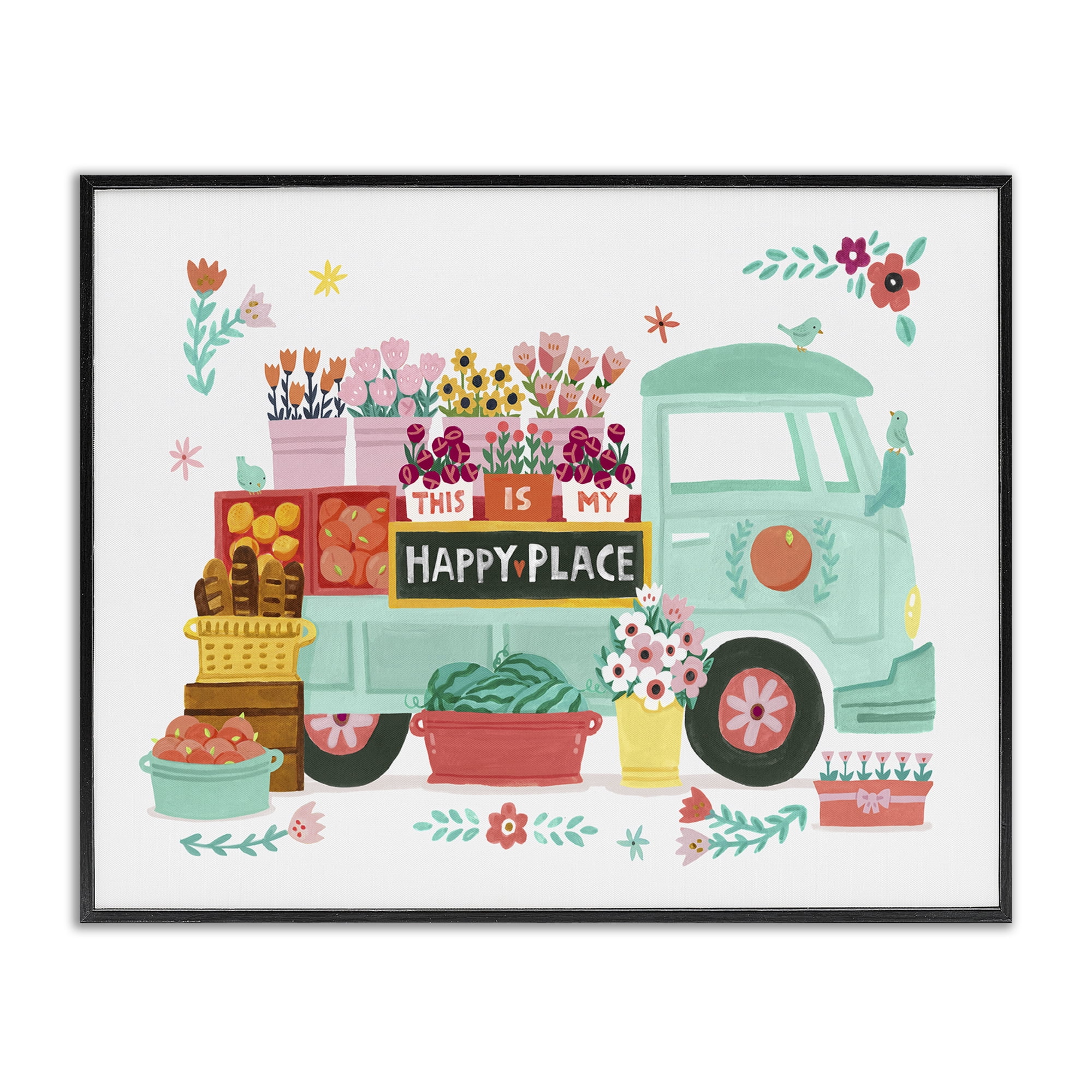 Stupell Industries Happy Place Flower Truck Plants & Flowers Painting Black Framed Art Print Wall Art, 20 x 16