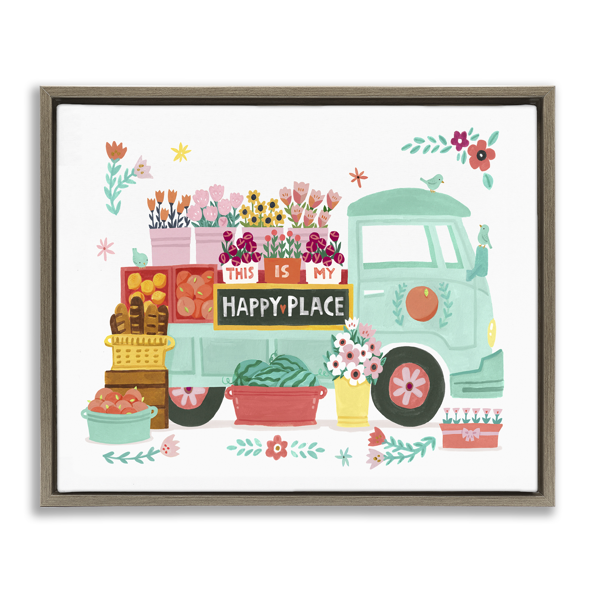 Stupell Industries Happy Place Flower Truck Plants & Flowers Painting Brown Floater Framed Canvas Art Print Wall Art, 31 x 25