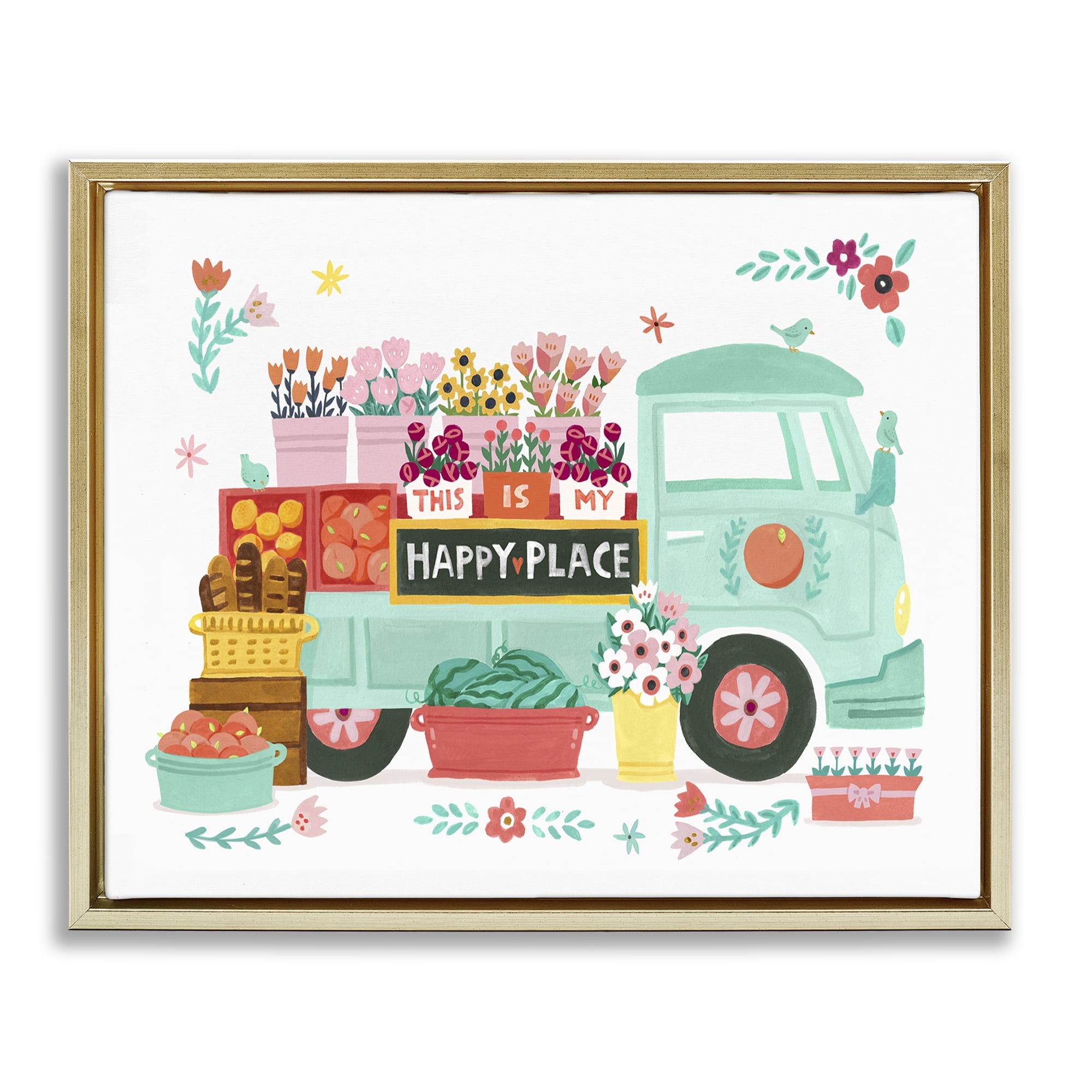 Stupell Industries Happy Place Flower Truck Plants & Flowers Painting Gold Floater Framed Canvas Art Print Wall Art, 31 x 25