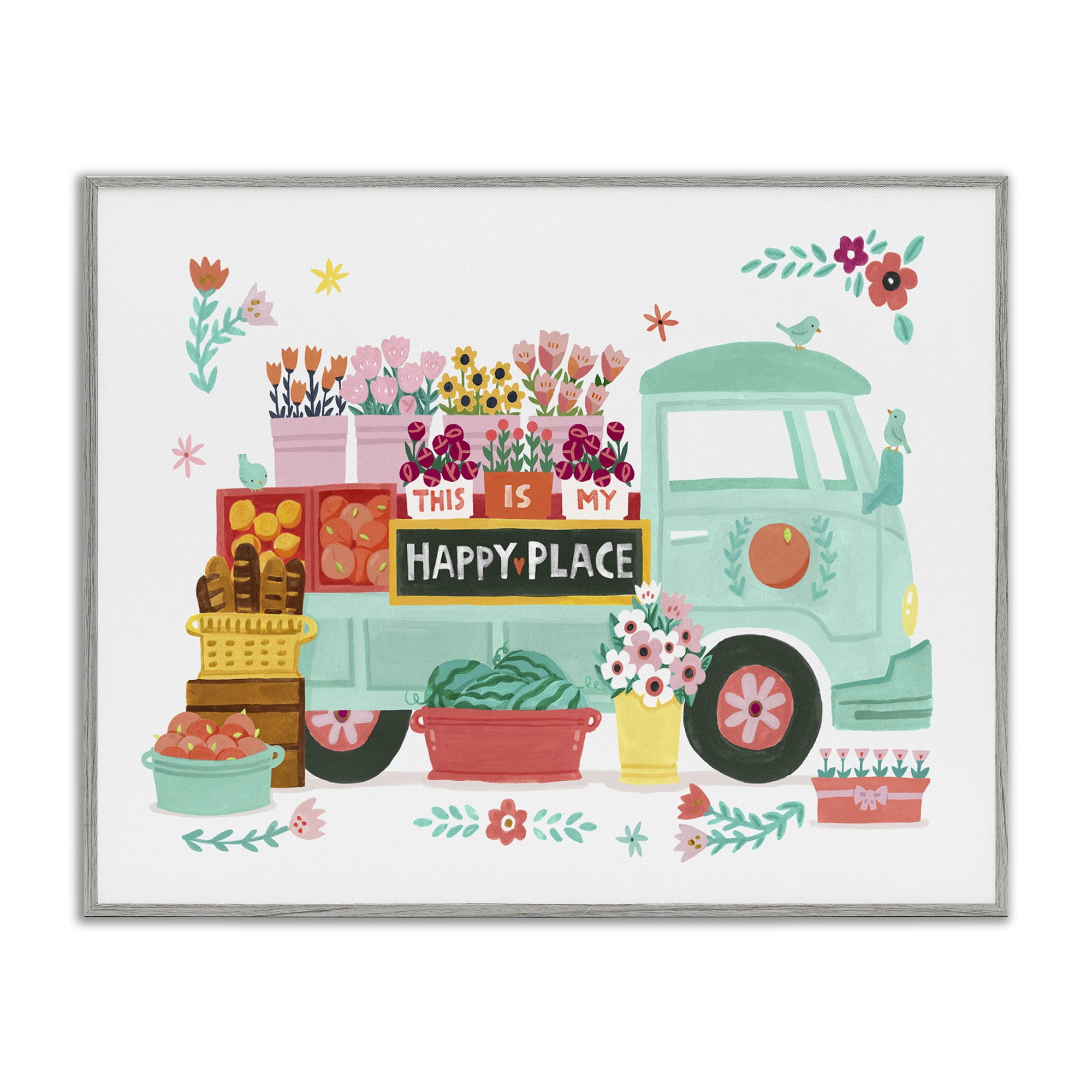 Stupell Industries Happy Place Flower Truck Plants & Flowers Painting Gray Framed Art Print Wall Art, 30 x 24