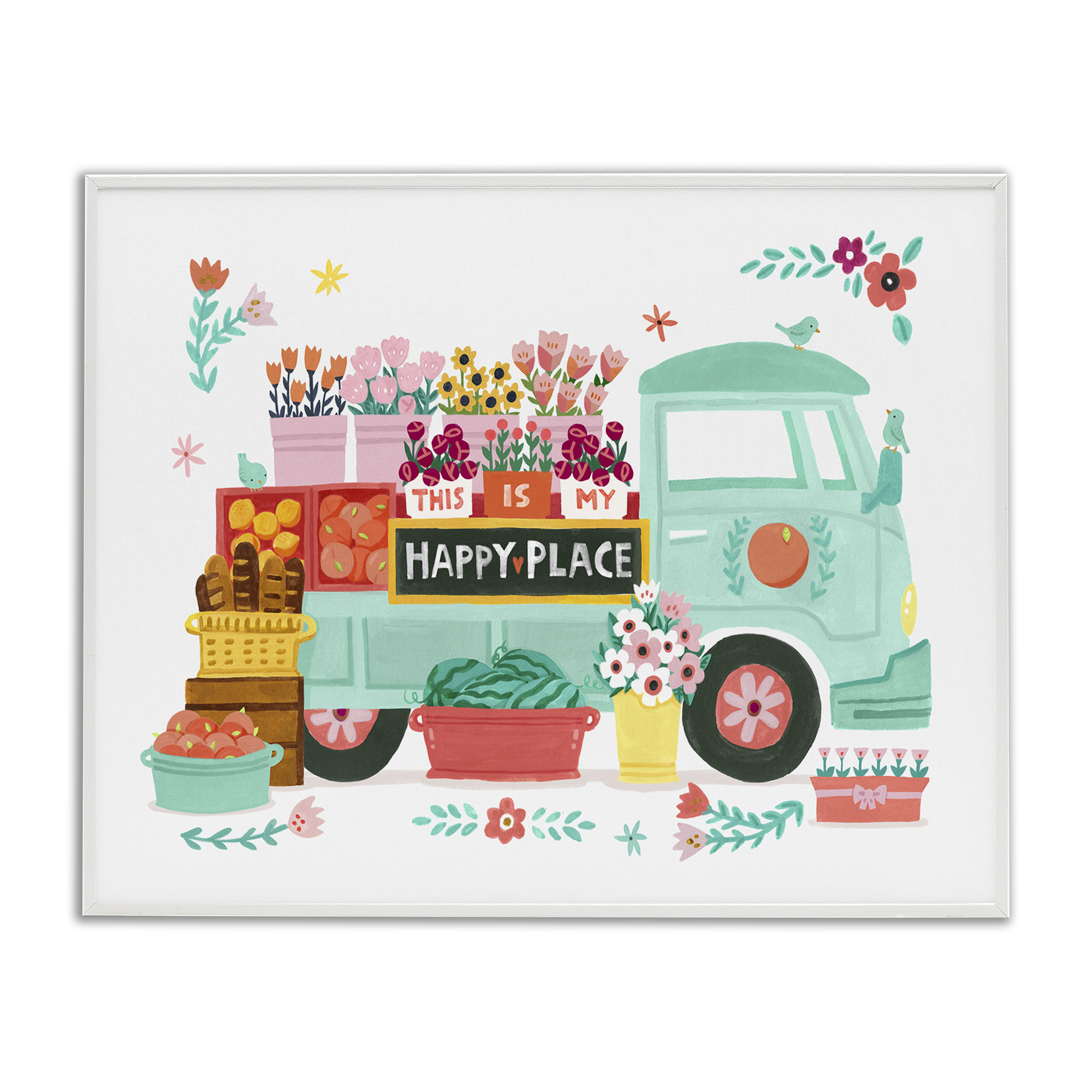Stupell Industries Happy Place Flower Truck Plants & Flowers Painting White Framed Art Print Wall Art, 30 x 24