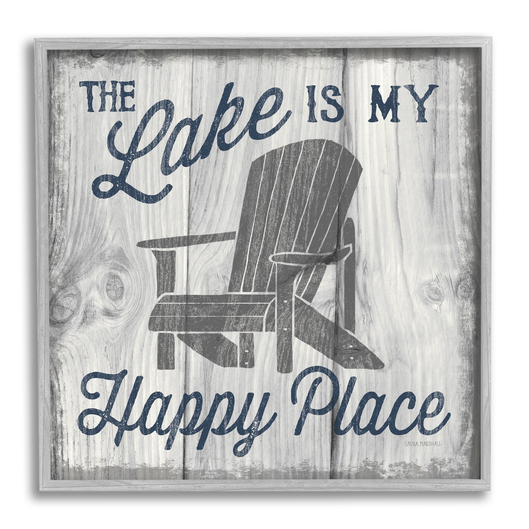 Stupell Industries Happy Place Lake Phrase Inspirational Painting Gray Framed Art Print Wall Art, 17 x 17