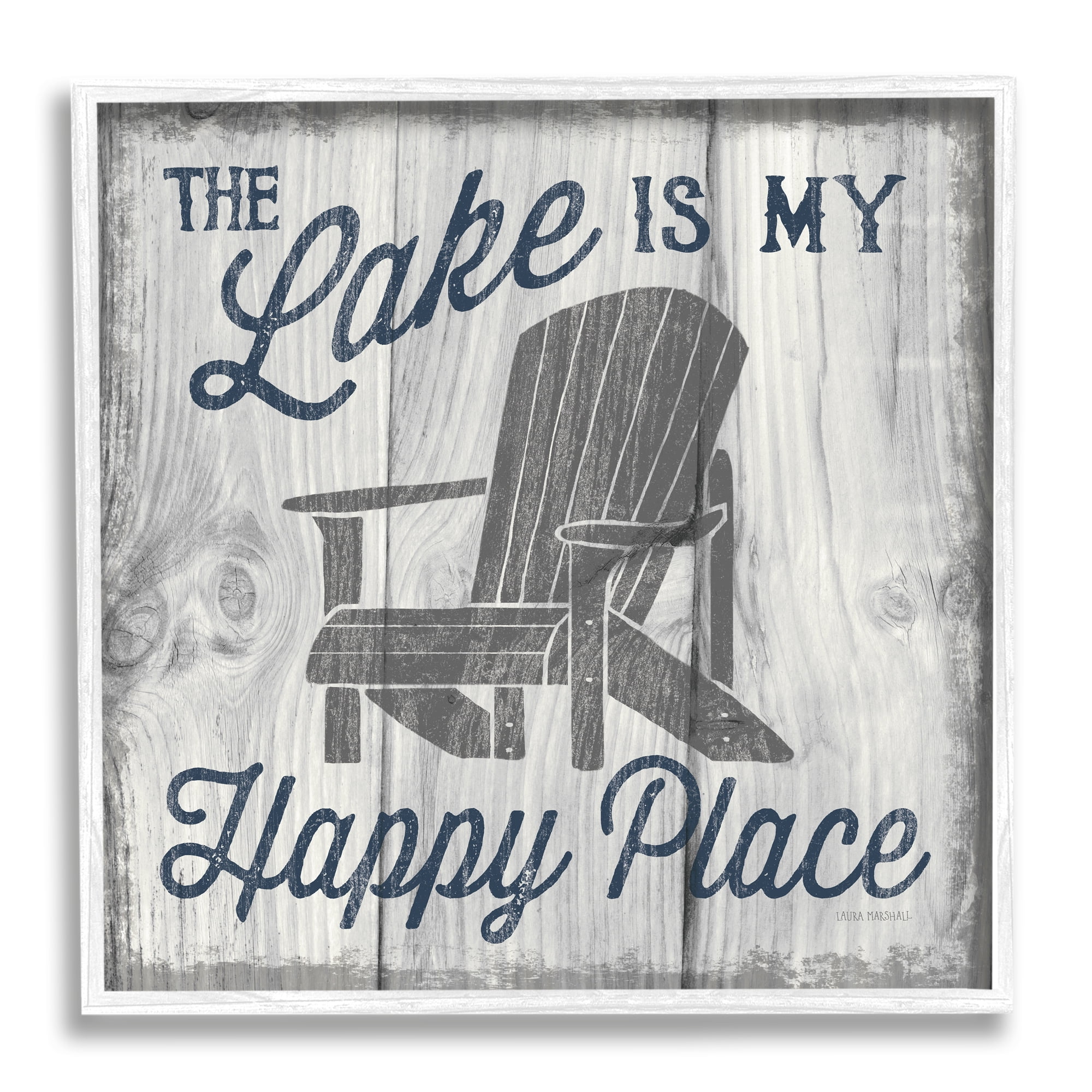 Stupell Industries Happy Place Lake Phrase Inspirational Painting White Framed Art Print Wall Art, 17 x 17
