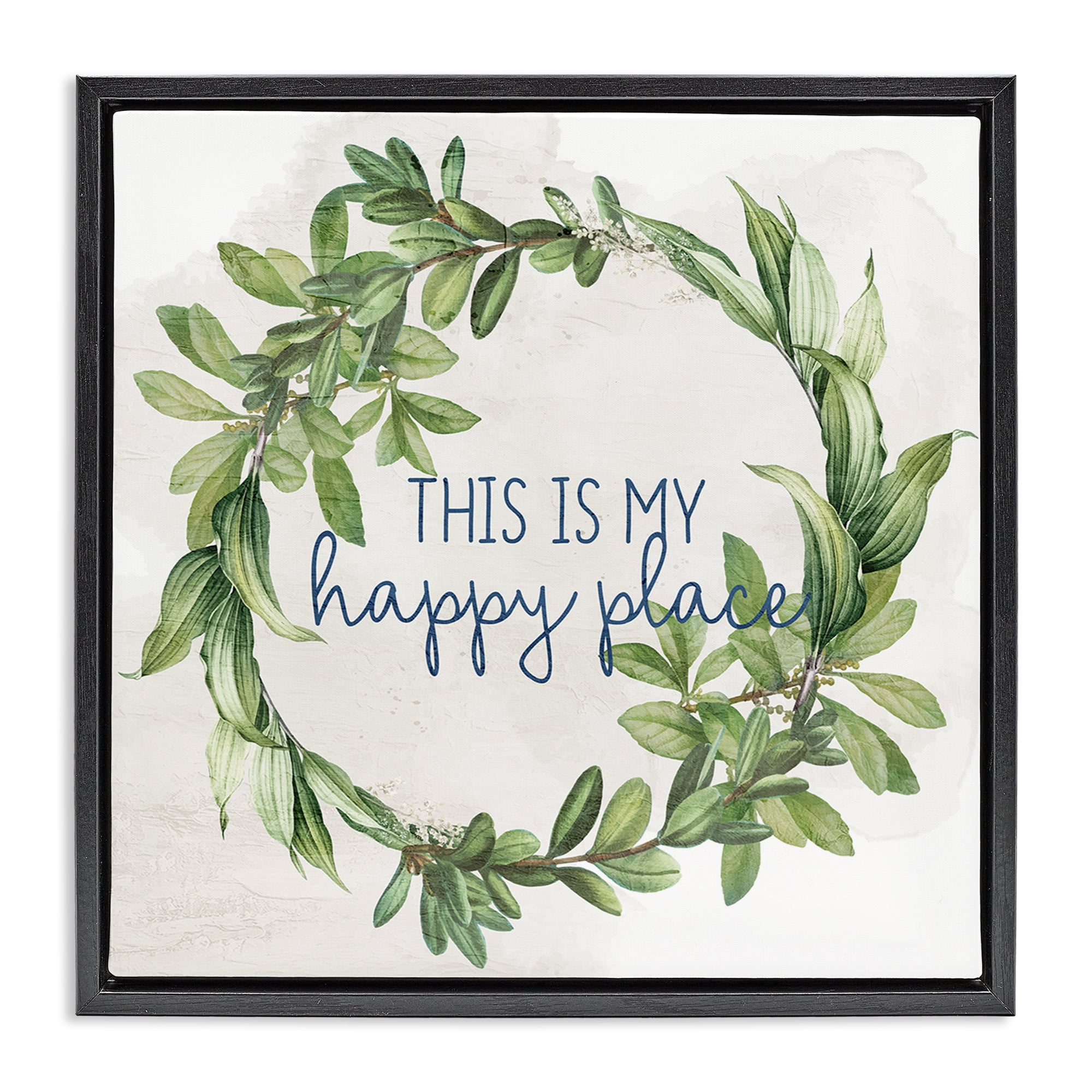 Stupell Industries Happy Place Wreath Plants & Flowers Painting Black Floater Framed Canvas Art Print Wall Art, 25 x 25