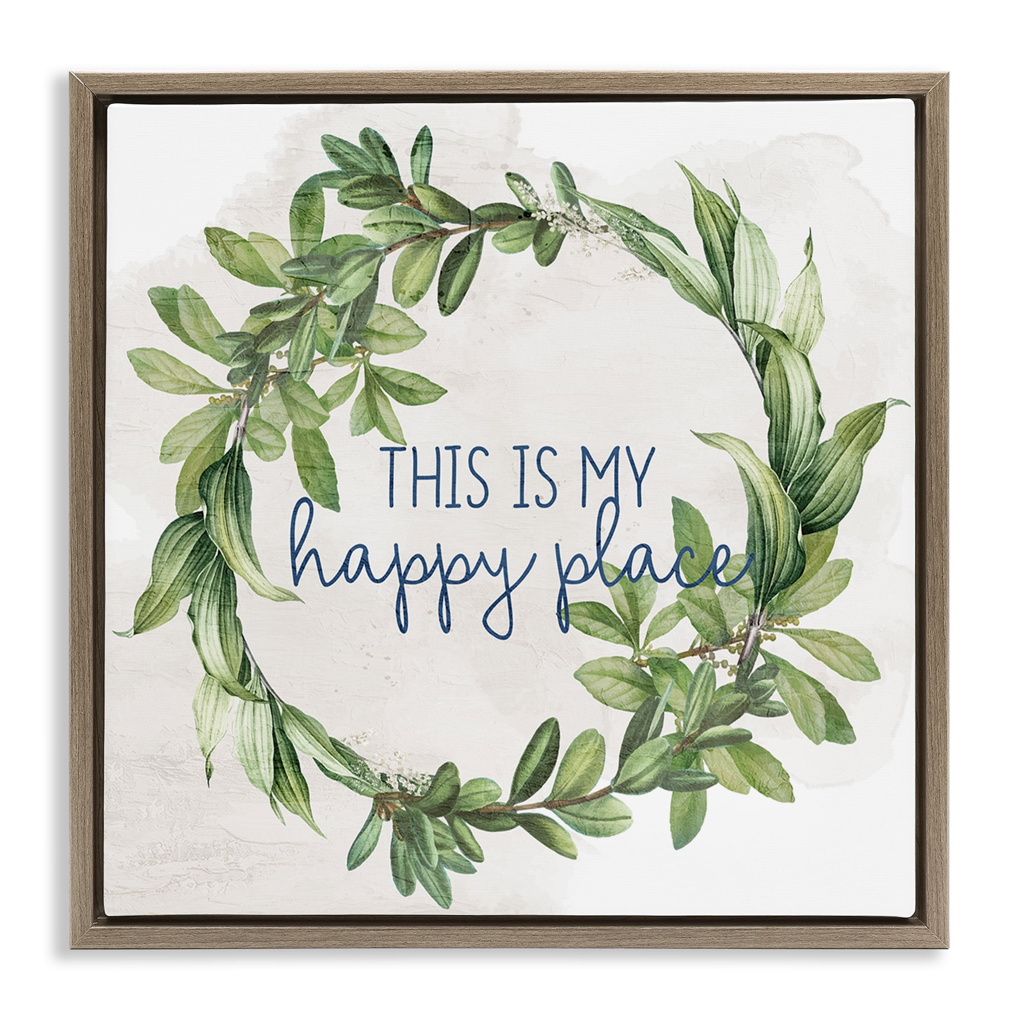 Stupell Industries Happy Place Wreath Plants & Flowers Painting Brown Floater Framed Canvas Art Print Wall Art, 18 x 18
