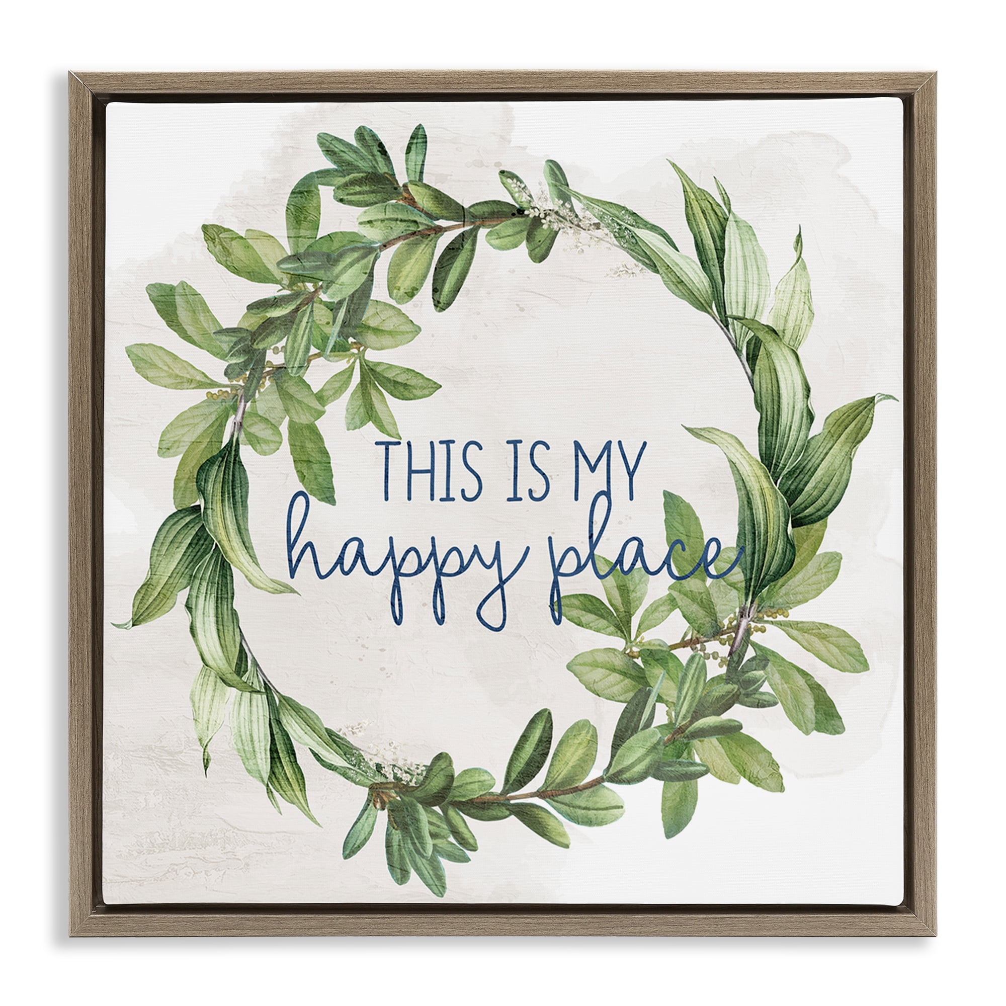 Stupell Industries Happy Place Wreath Plants & Flowers Painting Brown Floater Framed Canvas Art Print Wall Art, 25 x 25