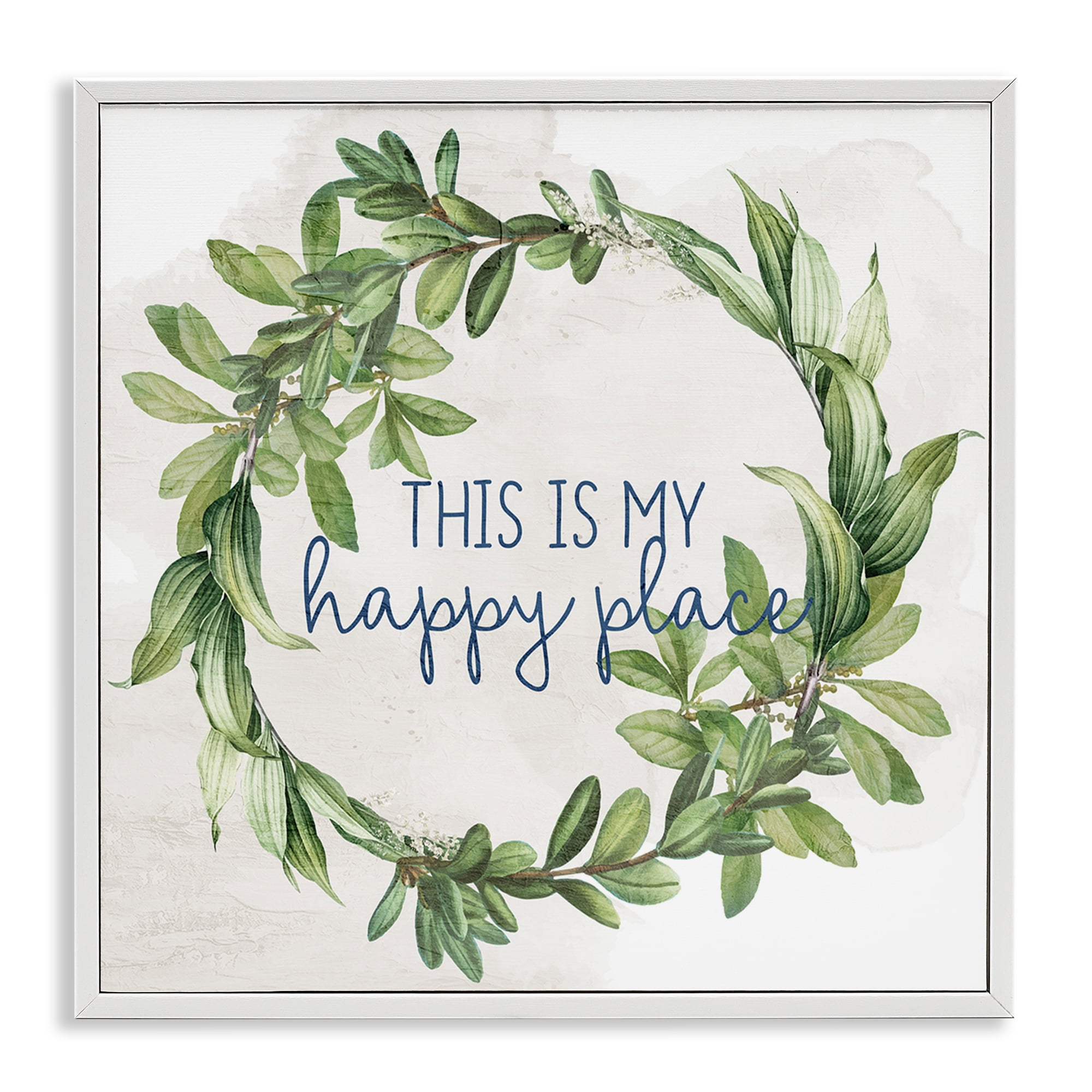 Stupell Industries Happy Place Wreath Plants & Flowers Painting White Framed Art Print Wall Art, 17 x 17