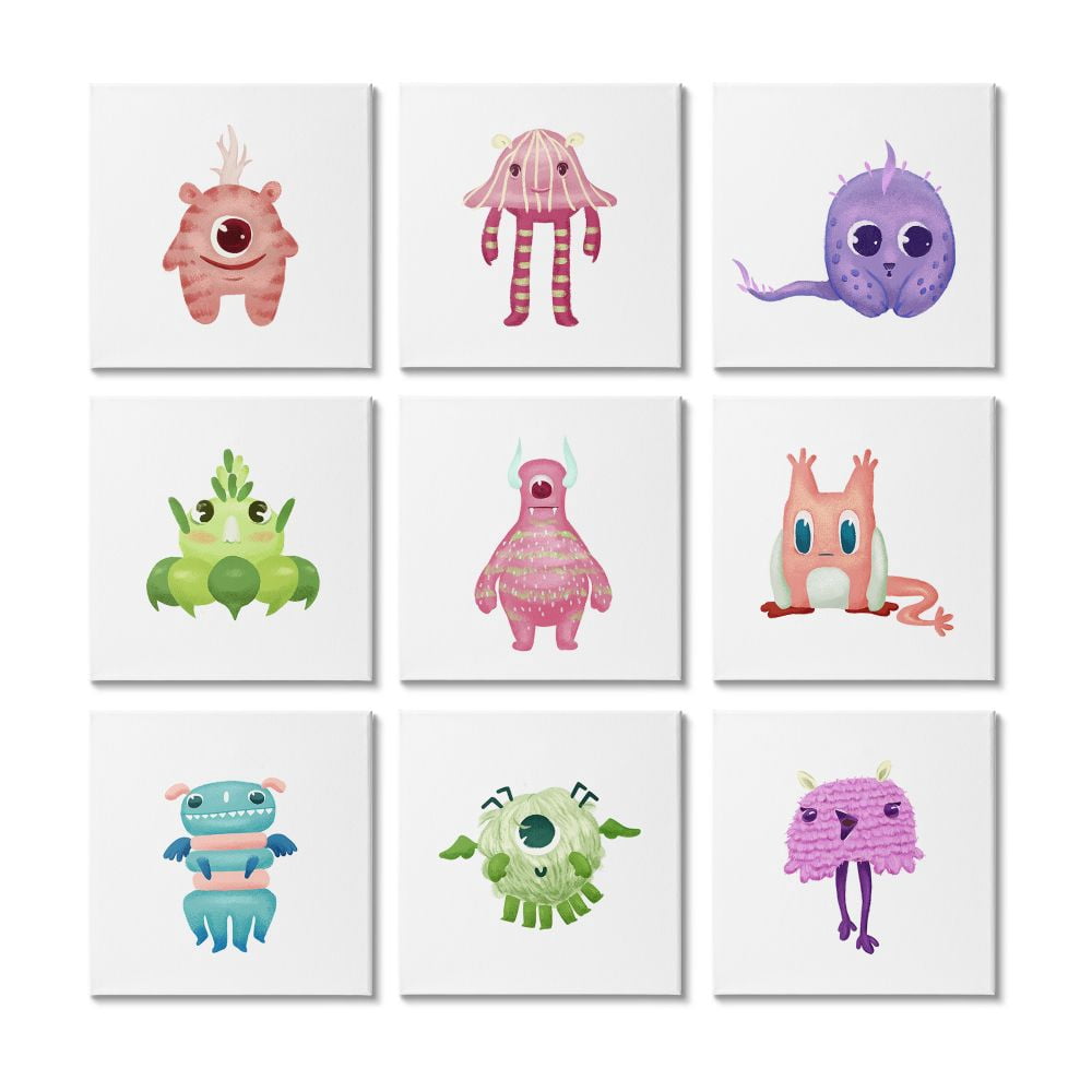 Stupell Industries Happy Playful Monsters Big Eye Colorful Creatures Canvas Wall Art Design by Ziwei Li, 9 Piece, 12" x 12"