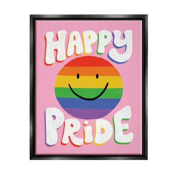 Stupell Industries Happy Pride Retro Rainbow Smiley Holiday Painting Black Floater Framed Art Print Wall Art