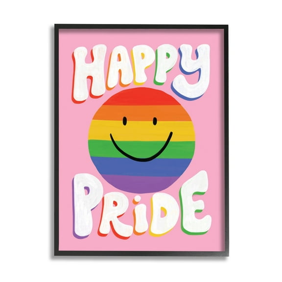 Stupell Industries Happy Pride Retro Rainbow Smiley Holiday Painting Black Framed Art Print Wall Art