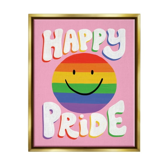 Stupell Industries Happy Pride Retro Rainbow Smiley Holiday Painting Gold Floater Framed Art Print Wall Art