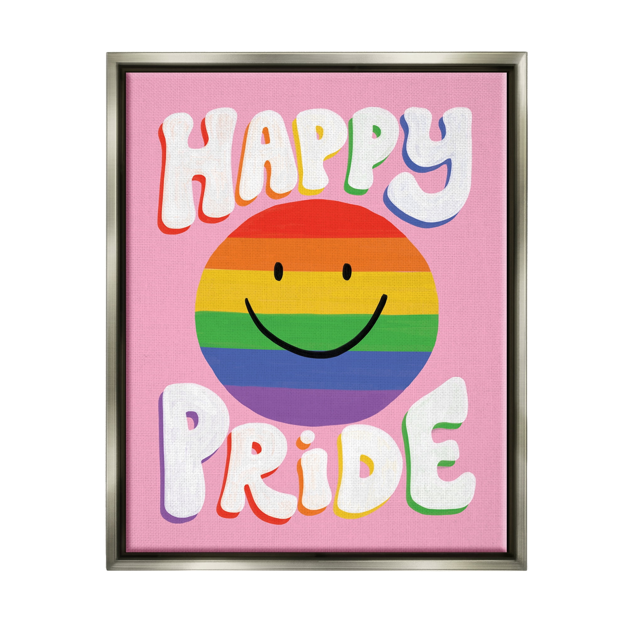 Stupell Industries Happy Pride Retro Rainbow Smiley Holiday Painting Gray Floater Framed Art Print Wall Art