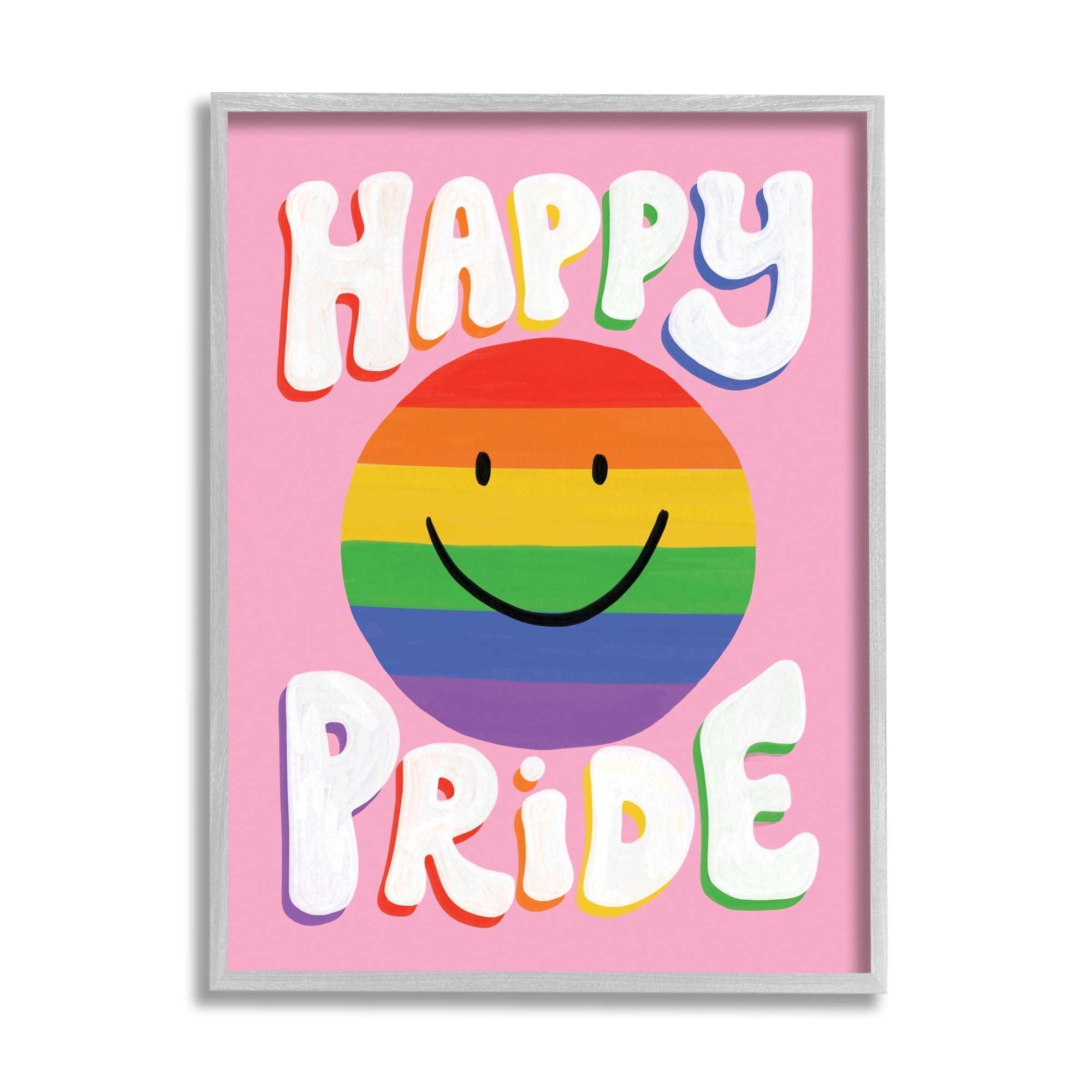Stupell Industries Happy Pride Retro Rainbow Smiley Holiday Painting Gray Framed Art Print Wall Art