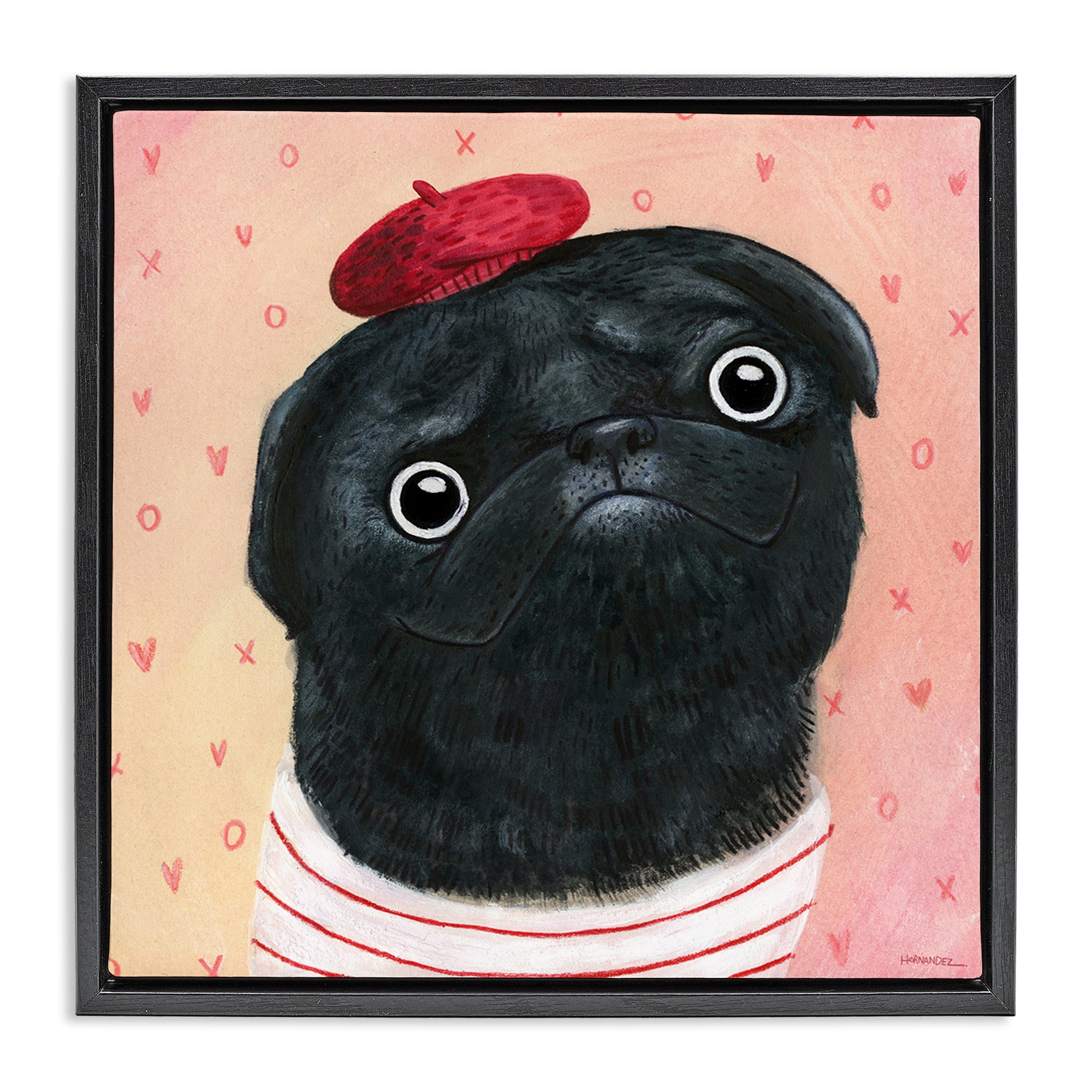 Stupell Industries Happy Pug In Paris Animals Painting Black Floater Framed Canvas Art Print Wall Art, 18 x 18