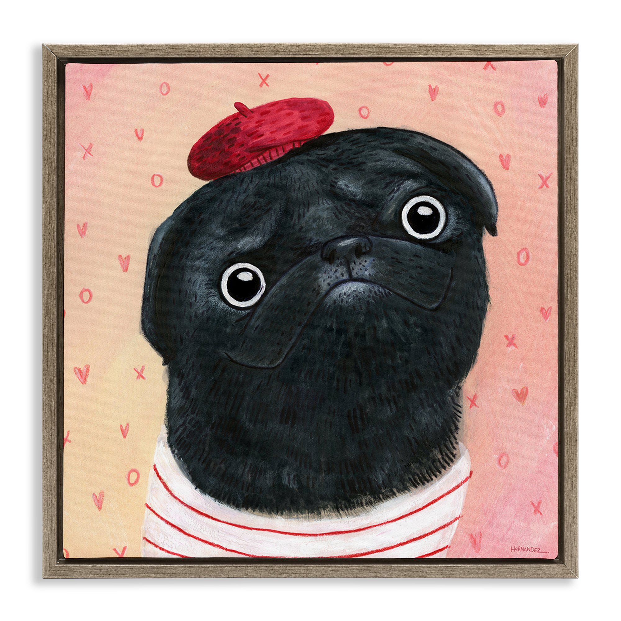Stupell Industries Happy Pug In Paris Animals Painting Brown Floater Framed Canvas Art Print Wall Art, 18 x 18