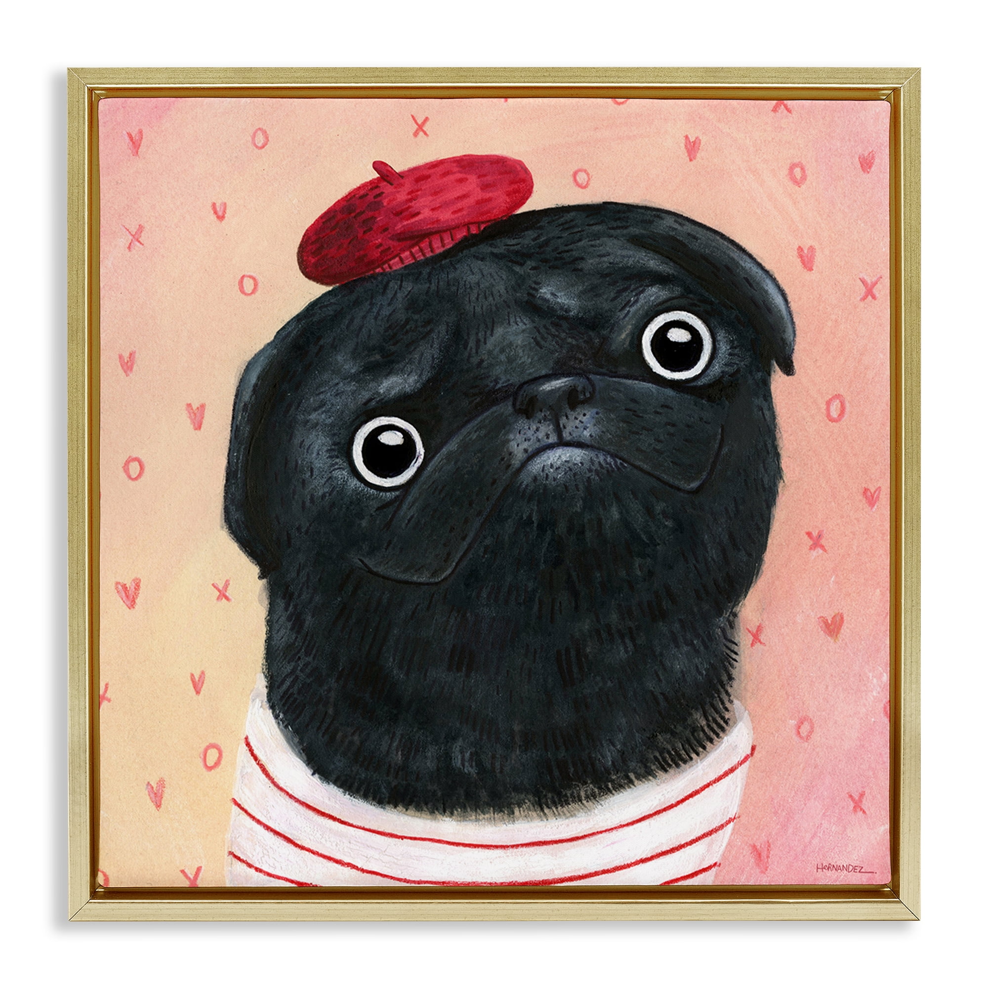 Stupell Industries Happy Pug In Paris Animals Painting Gold Floater Framed Canvas Art Print Wall Art, 18 x 18