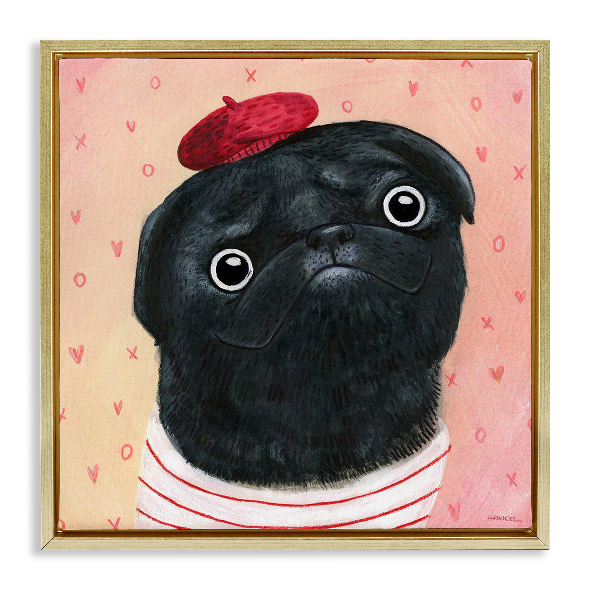 Stupell Industries Happy Pug In Paris Animals Painting Gold Floater Framed Canvas Art Print Wall Art, 25 x 25