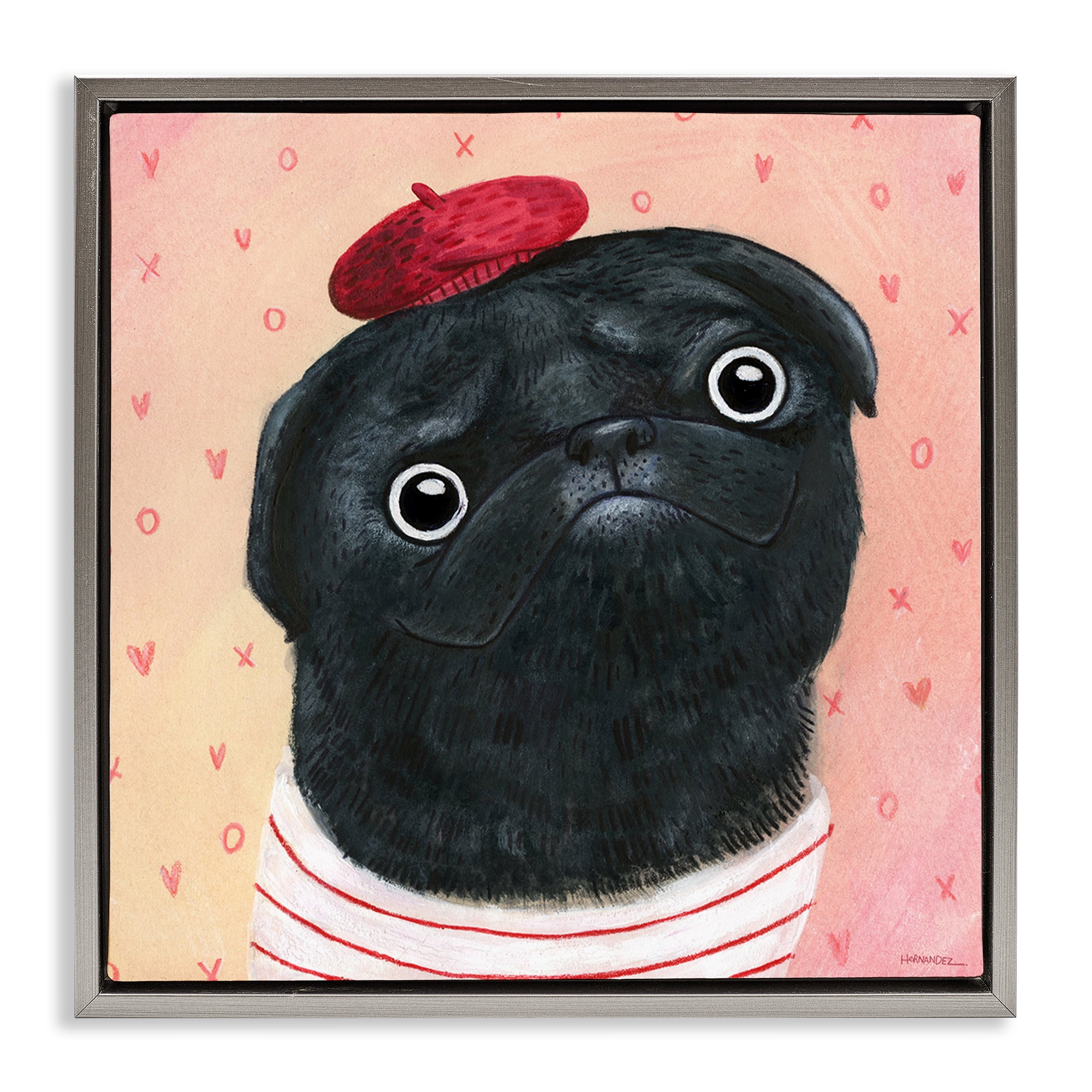 Stupell Industries Happy Pug In Paris Animals Painting Gray Floater Framed Canvas Art Print Wall Art, 25 x 25