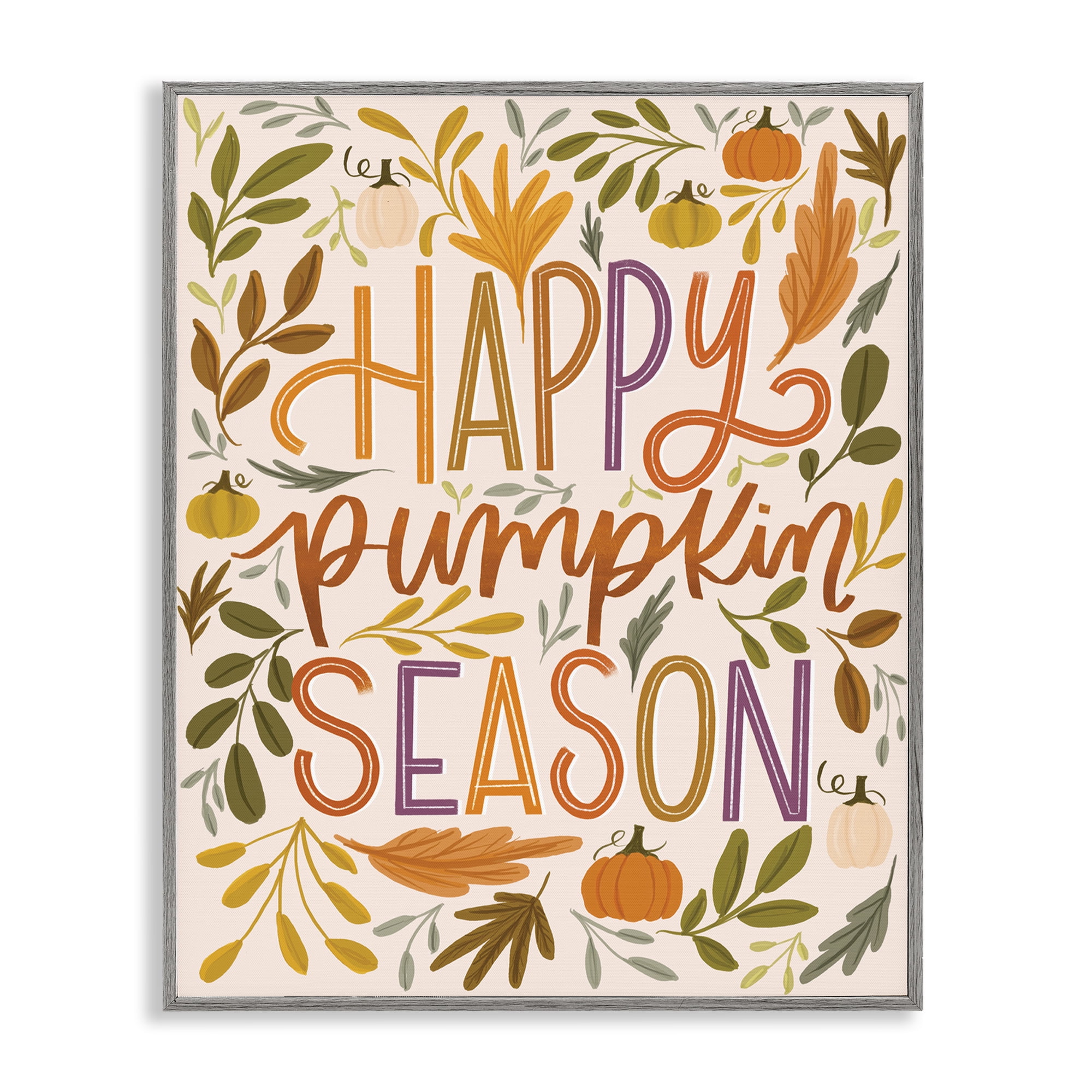 Stupell Industries Happy Pumpkin Season Plants & Flowers Painting Gray Framed Art Print Wall Art, 24 x 30